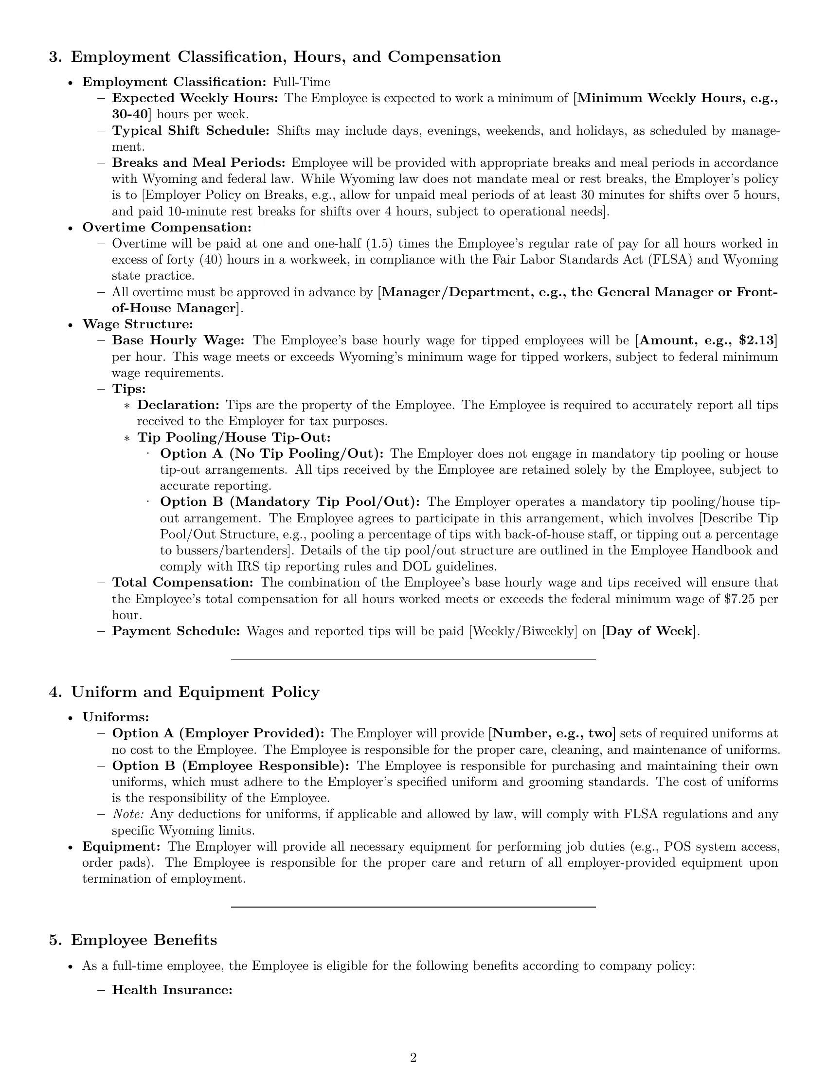 Preview page 2 of Pro Wyoming restaurant server employment contract template