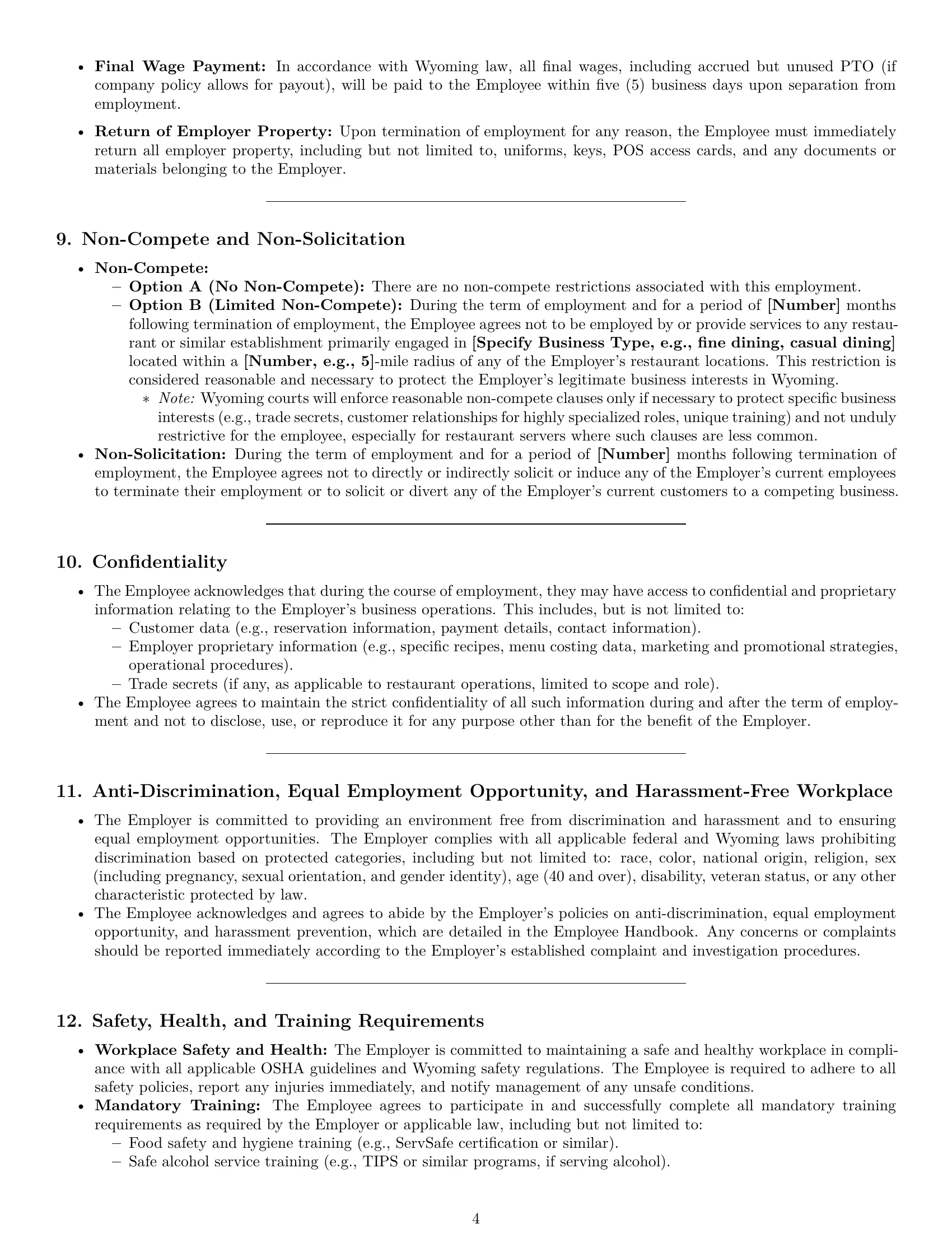 Preview page 4 of Pro Wyoming restaurant server employment contract template
