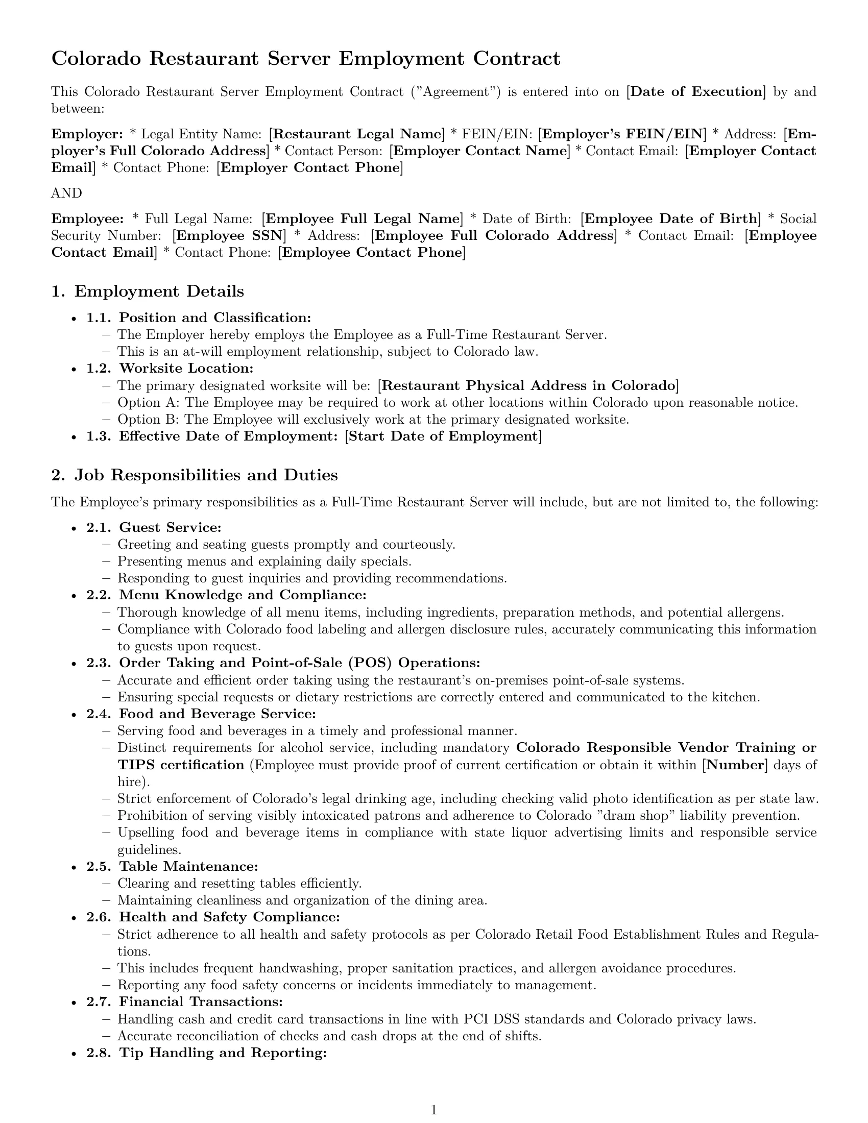 Preview page 1 of Pro Colorado restaurant server employment contract template