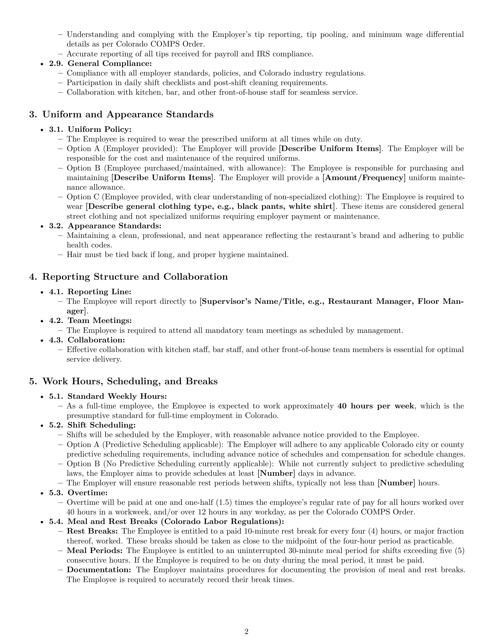 Preview page 2 of Pro Colorado restaurant server employment contract template
