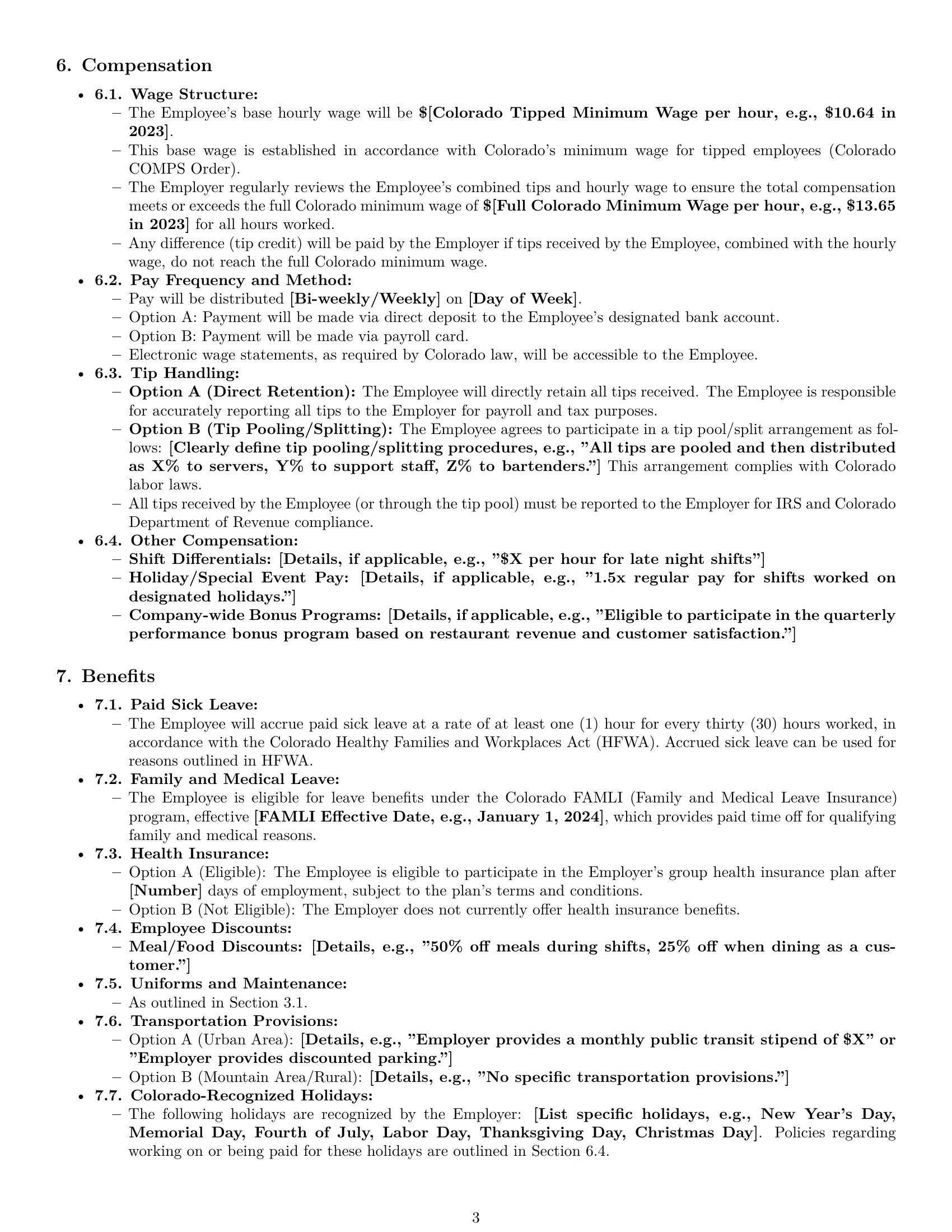 Preview page 3 of Pro Colorado restaurant server employment contract template