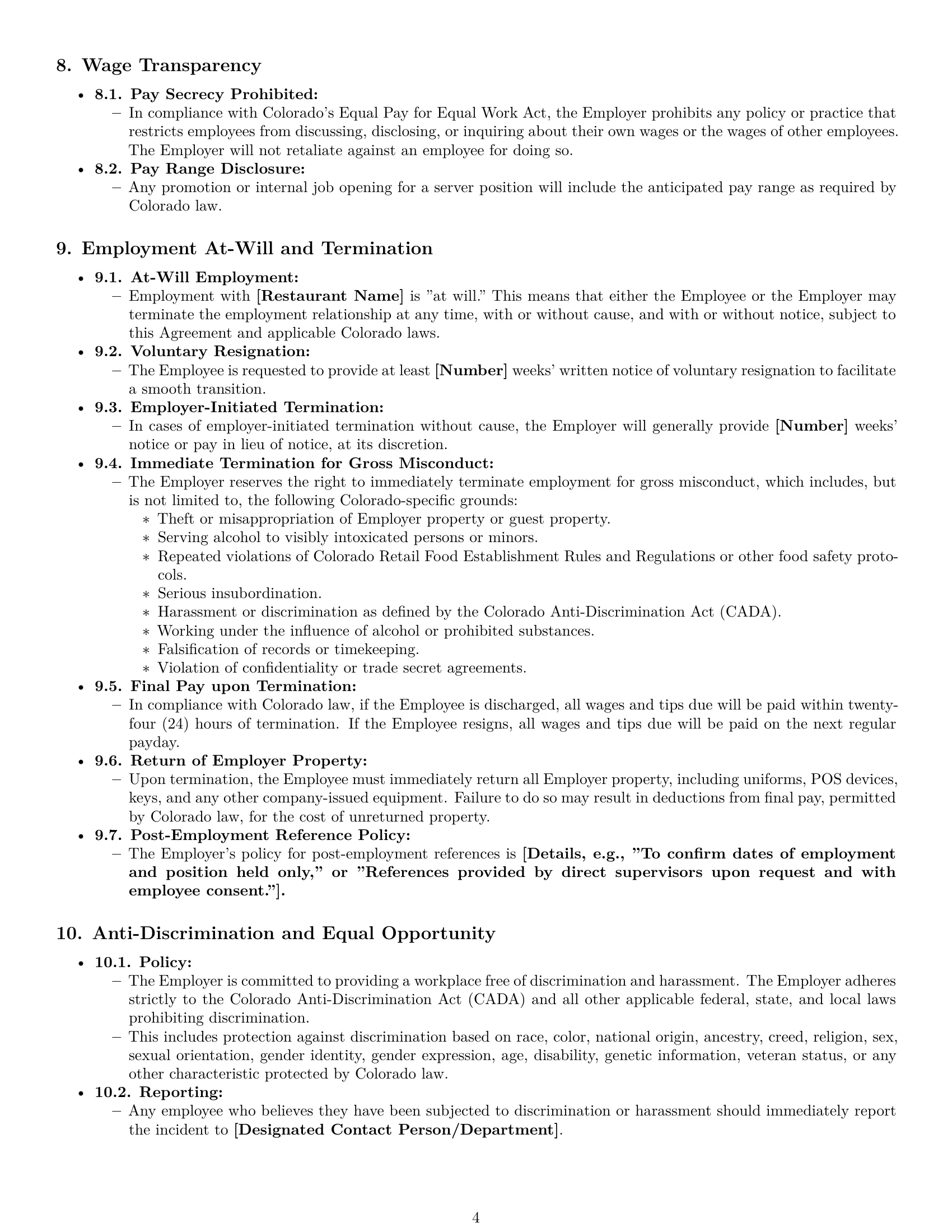 Preview page 4 of Pro Colorado restaurant server employment contract template