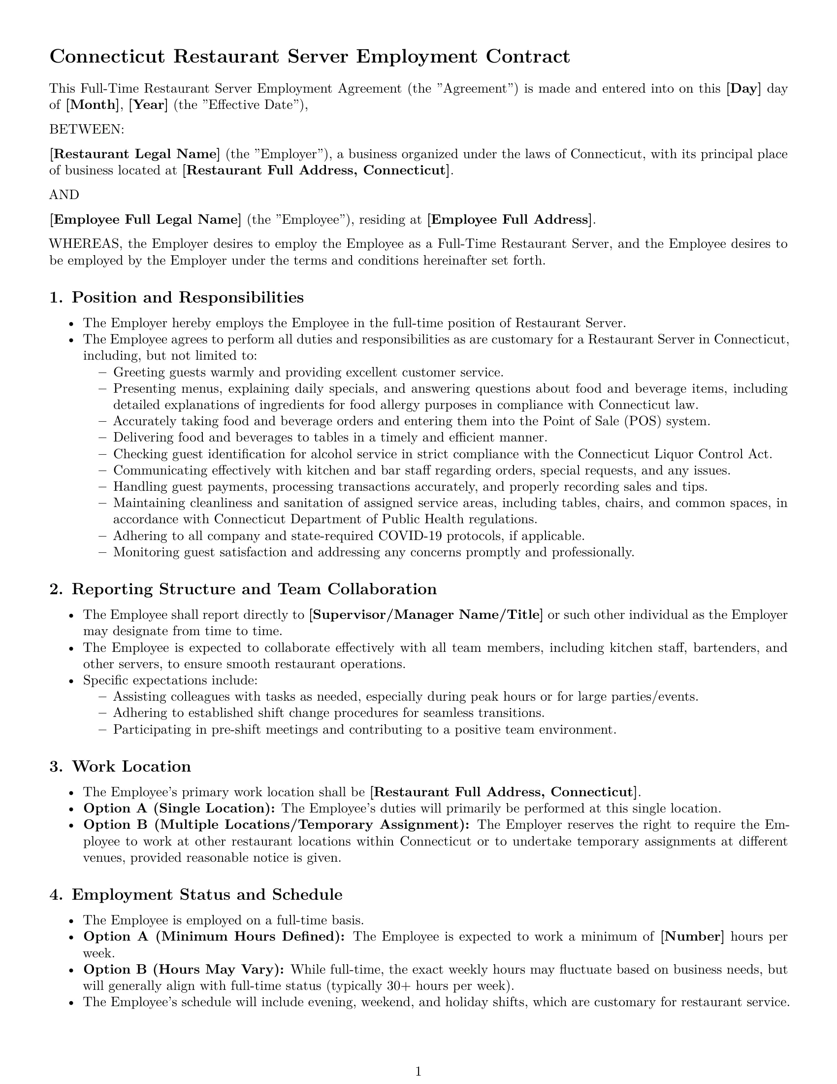 Preview page 1 of Pro Connecticut restaurant server employment contract template