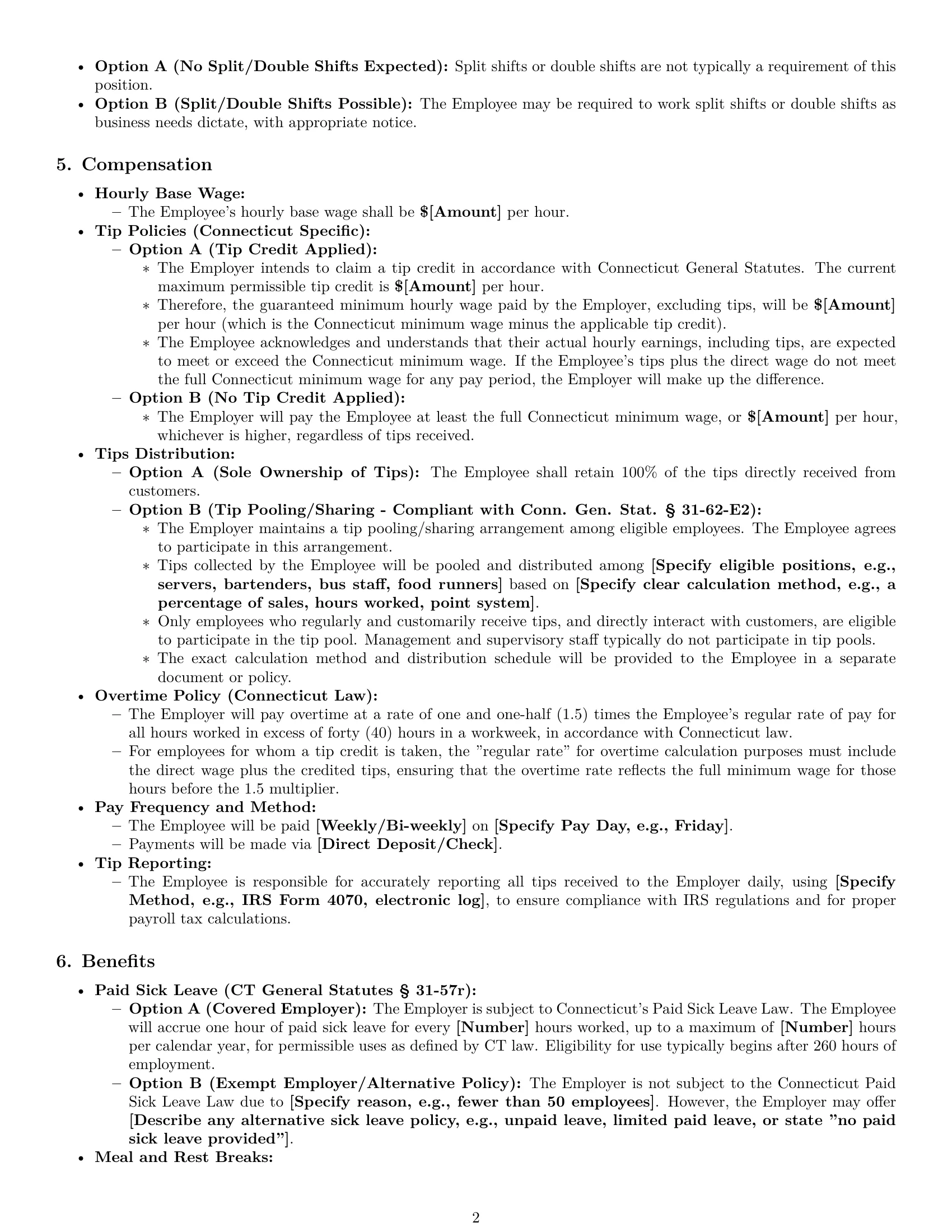 Preview page 2 of Pro Connecticut restaurant server employment contract template