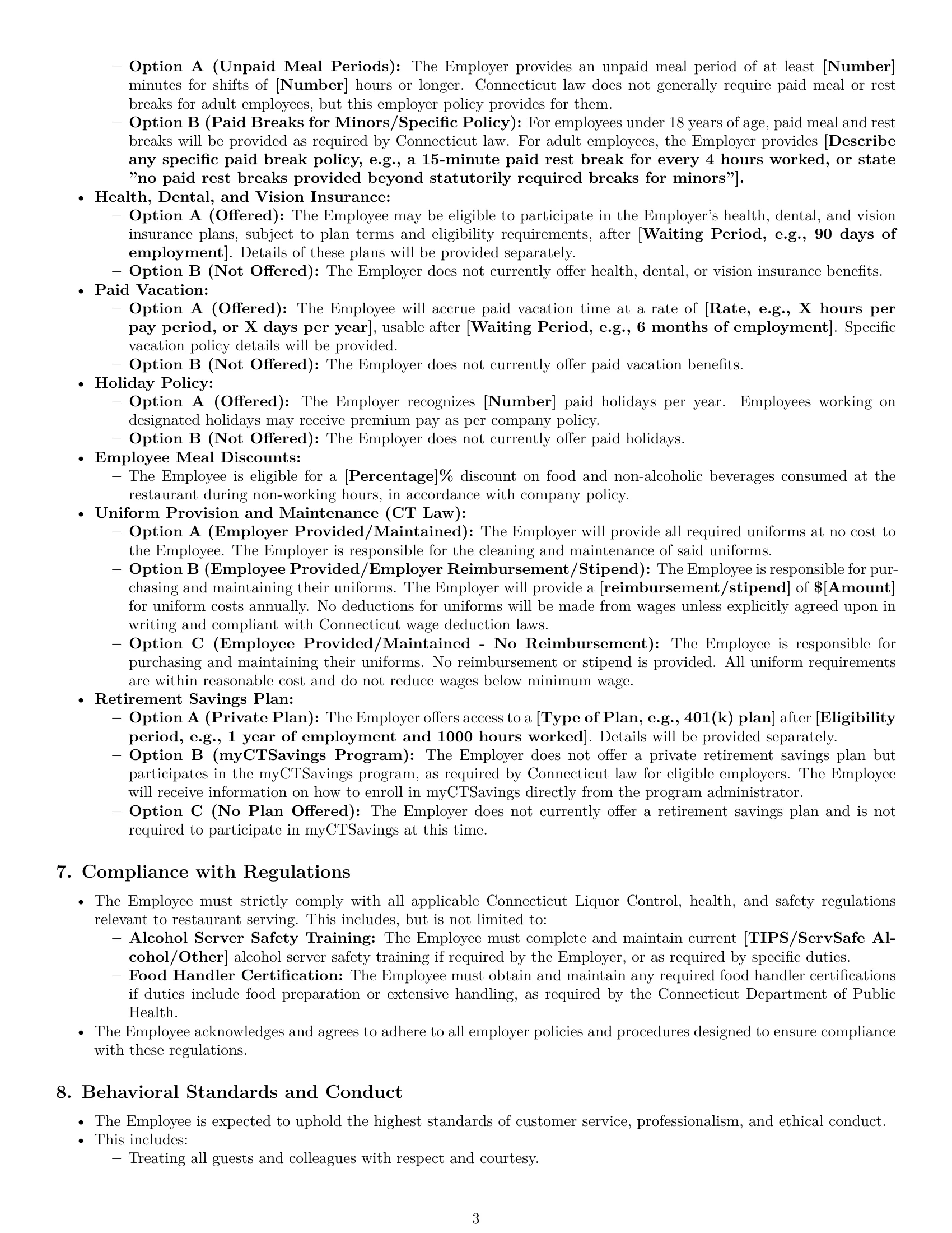 Preview page 3 of Pro Connecticut restaurant server employment contract template
