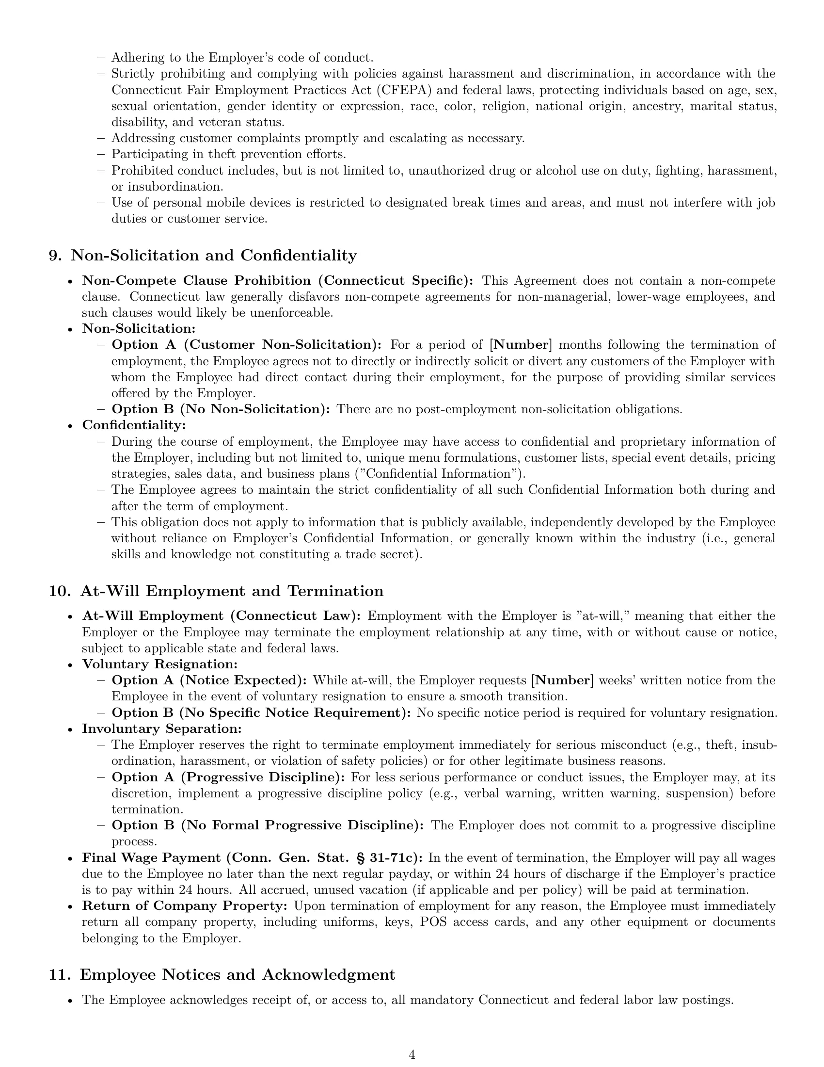 Preview page 4 of Pro Connecticut restaurant server employment contract template