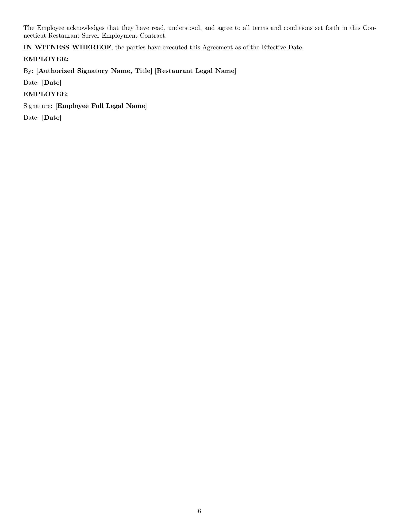 Preview page 6 of Pro Connecticut restaurant server employment contract template