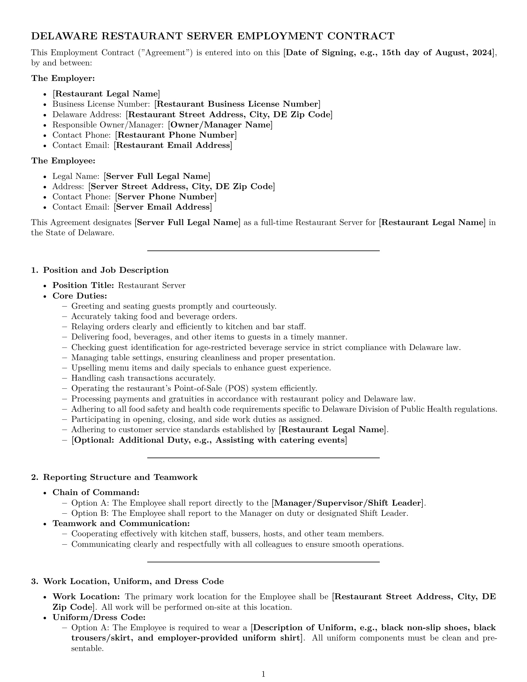 Preview page 1 of Pro Delaware restaurant server employment contract template
