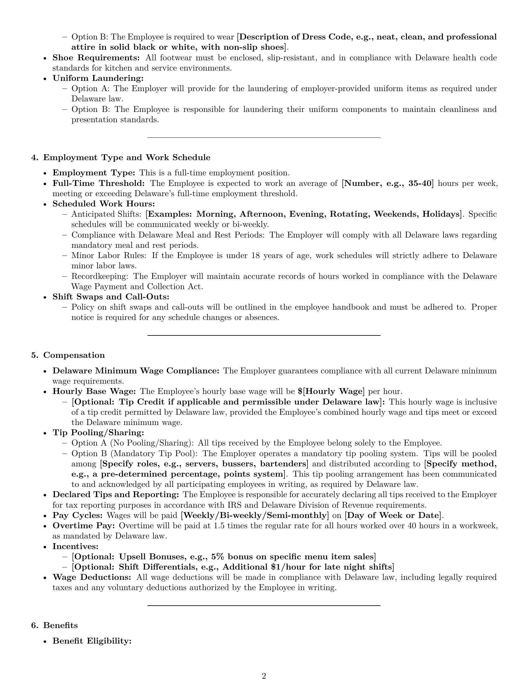 Preview page 2 of Pro Delaware restaurant server employment contract template