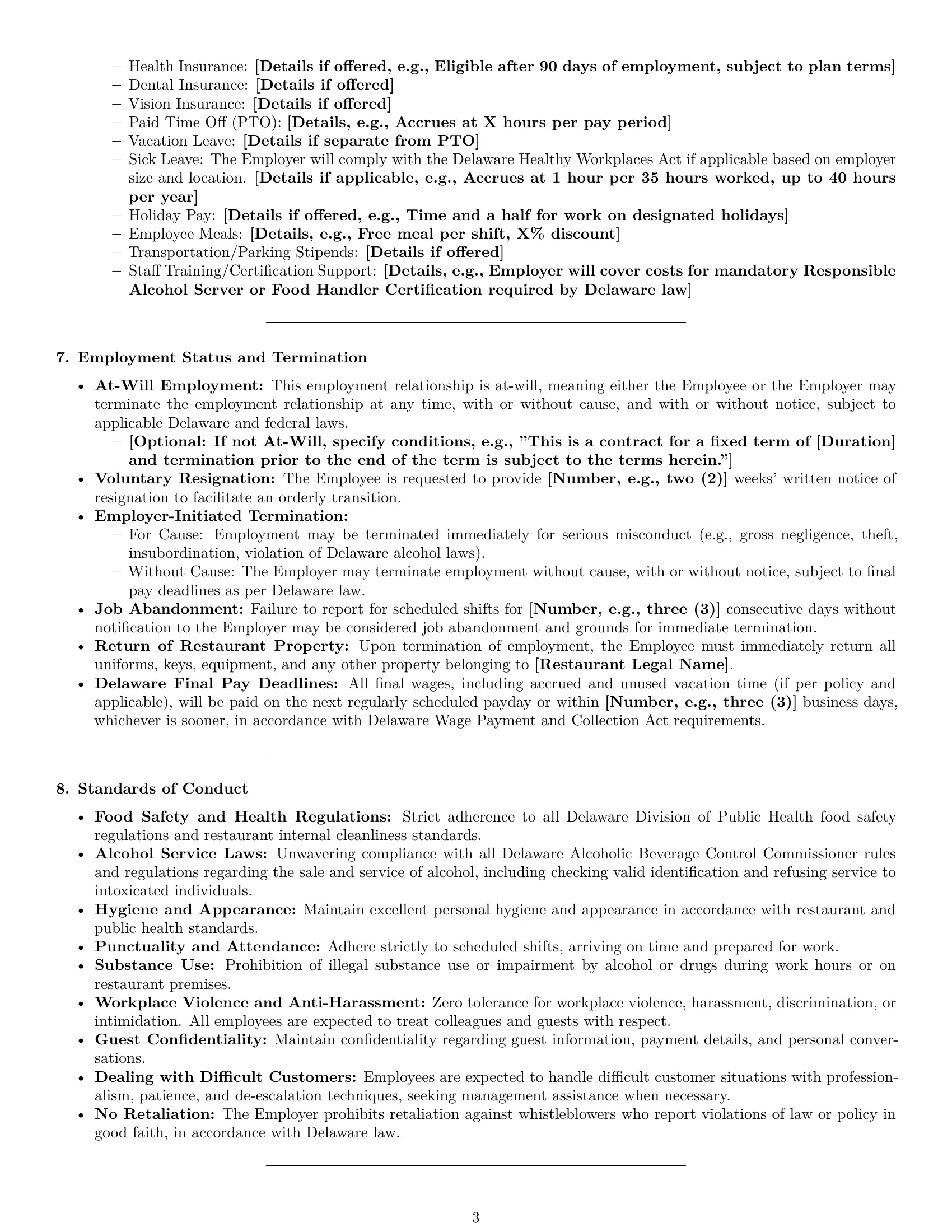 Preview page 3 of Pro Delaware restaurant server employment contract template