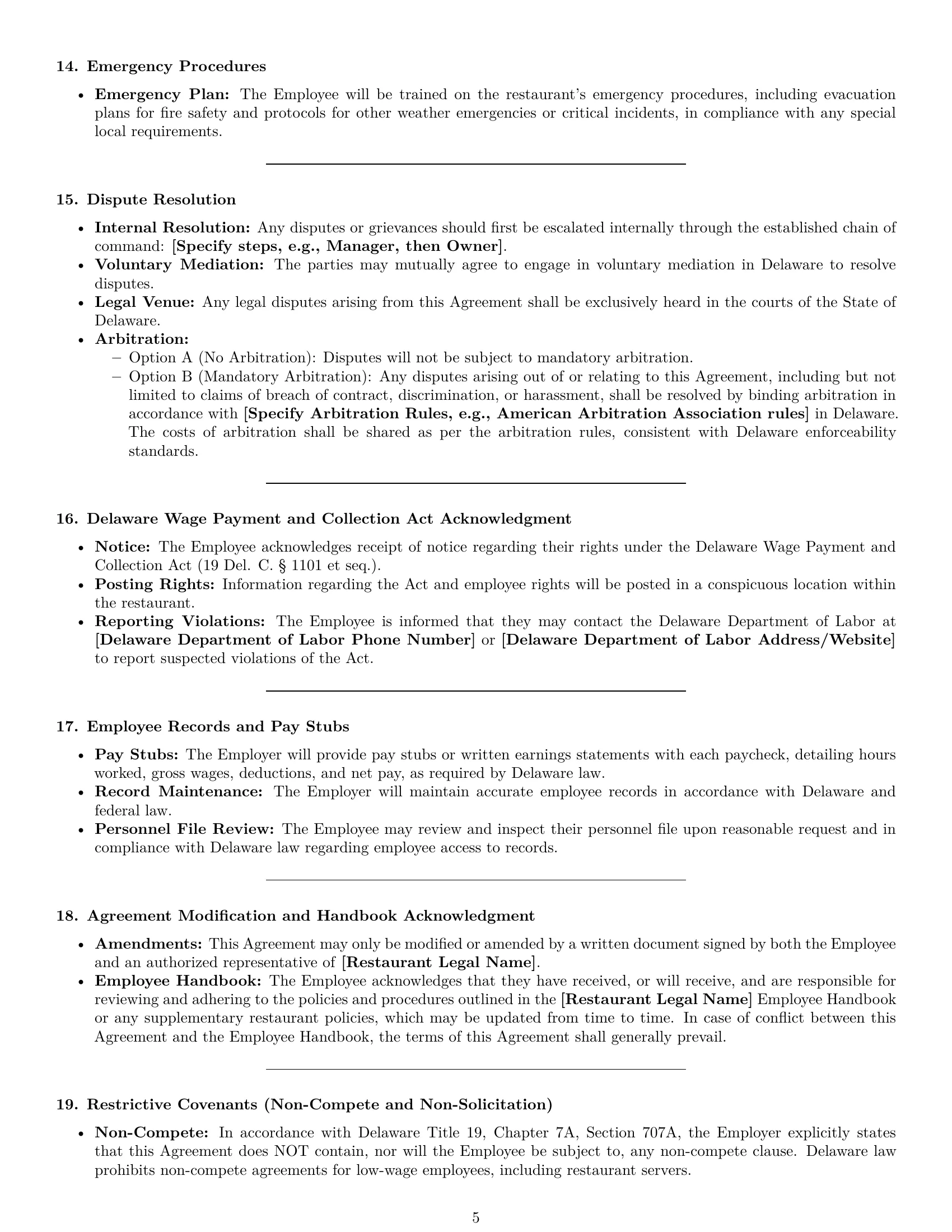 Preview page 5 of Pro Delaware restaurant server employment contract template
