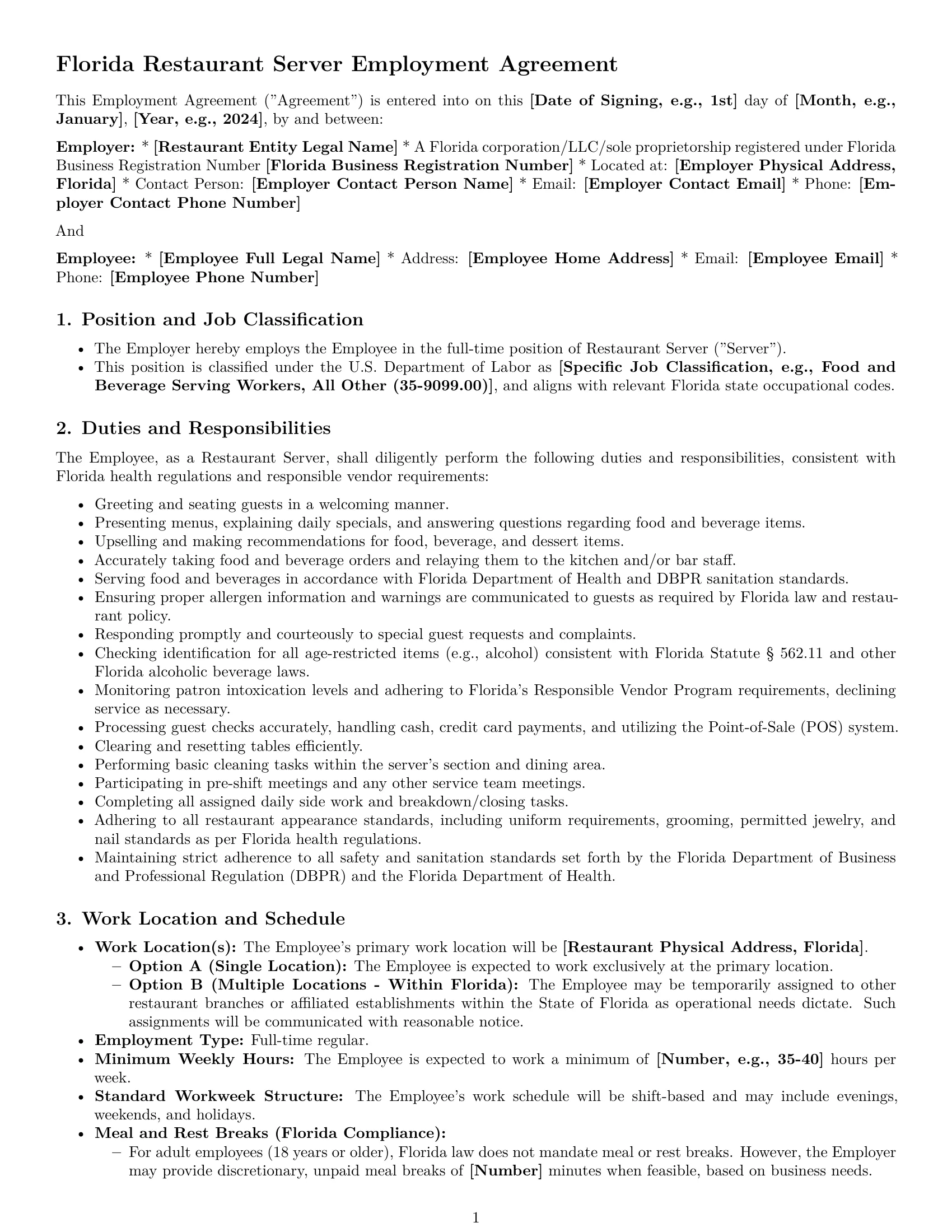 Preview page 1 of Pro Florida restaurant server employment contract template
