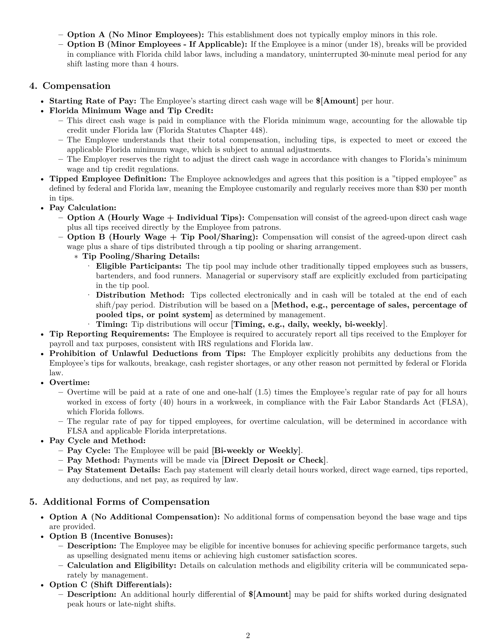 Preview page 2 of Pro Florida restaurant server employment contract template