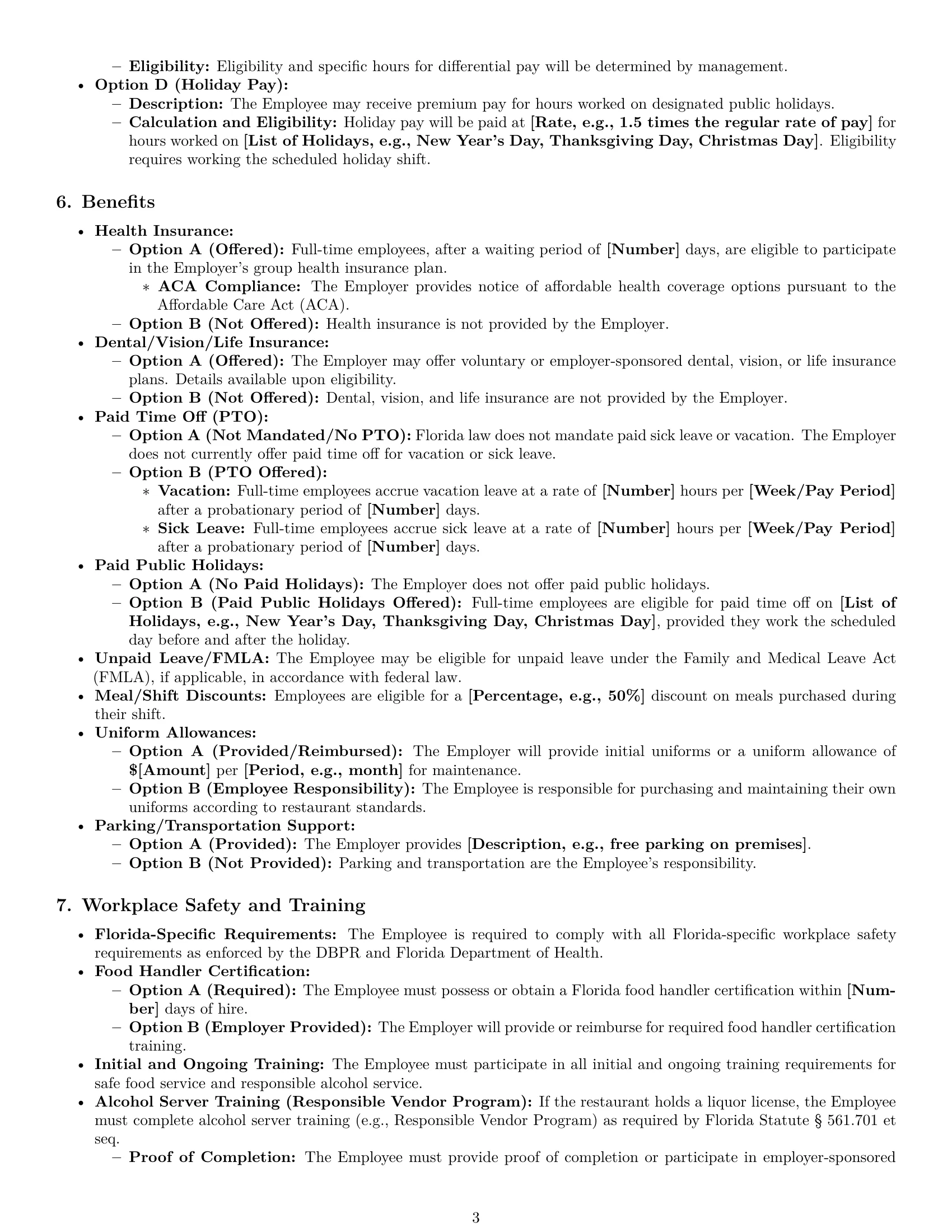 Preview page 3 of Pro Florida restaurant server employment contract template