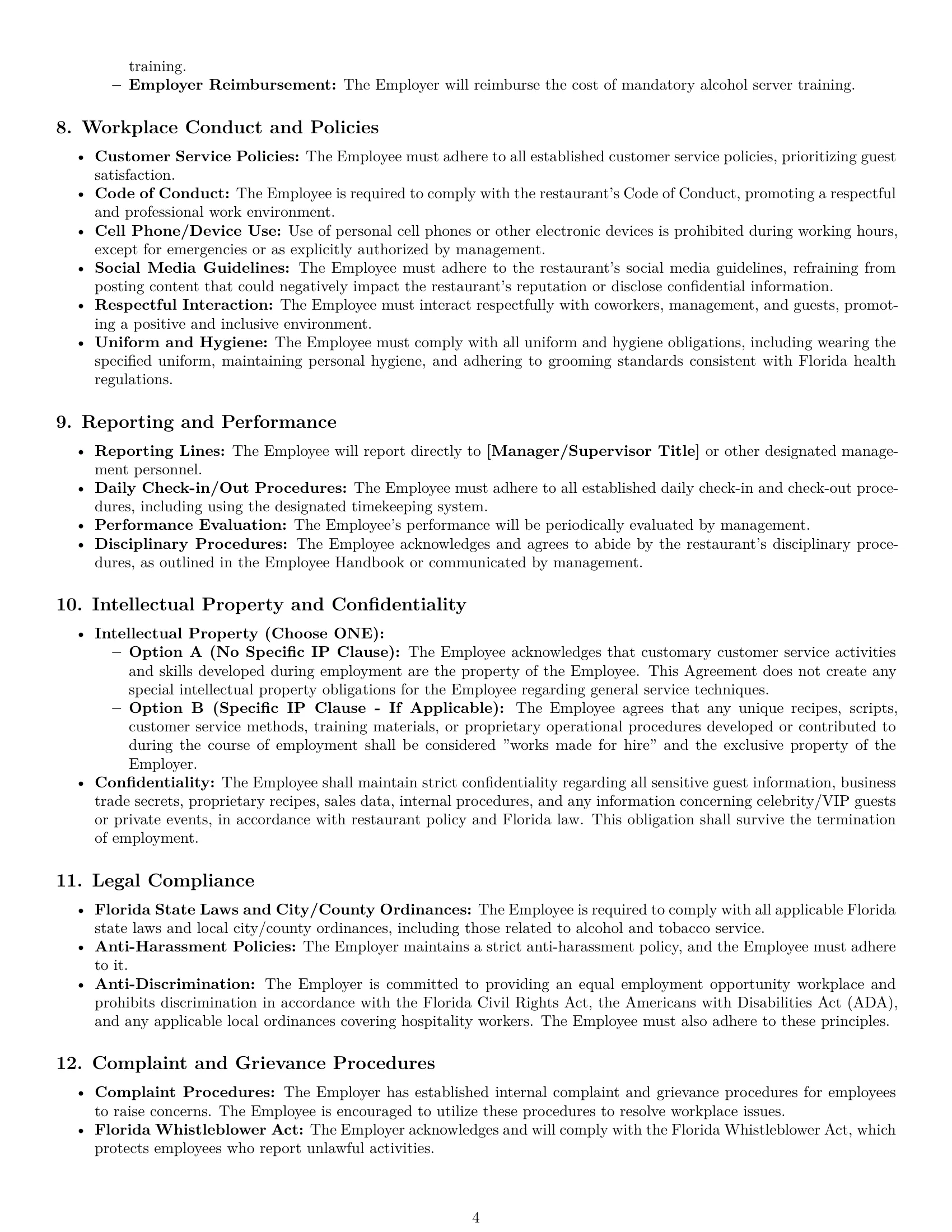 Preview page 4 of Pro Florida restaurant server employment contract template