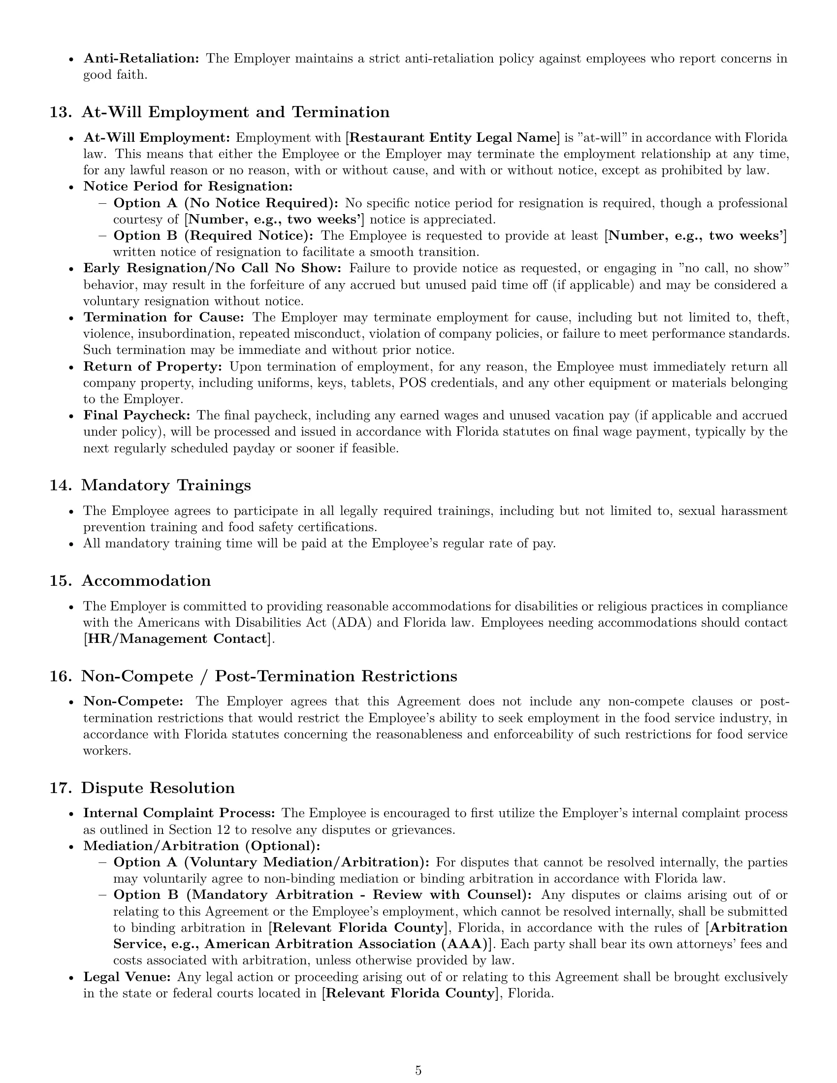 Preview page 5 of Pro Florida restaurant server employment contract template