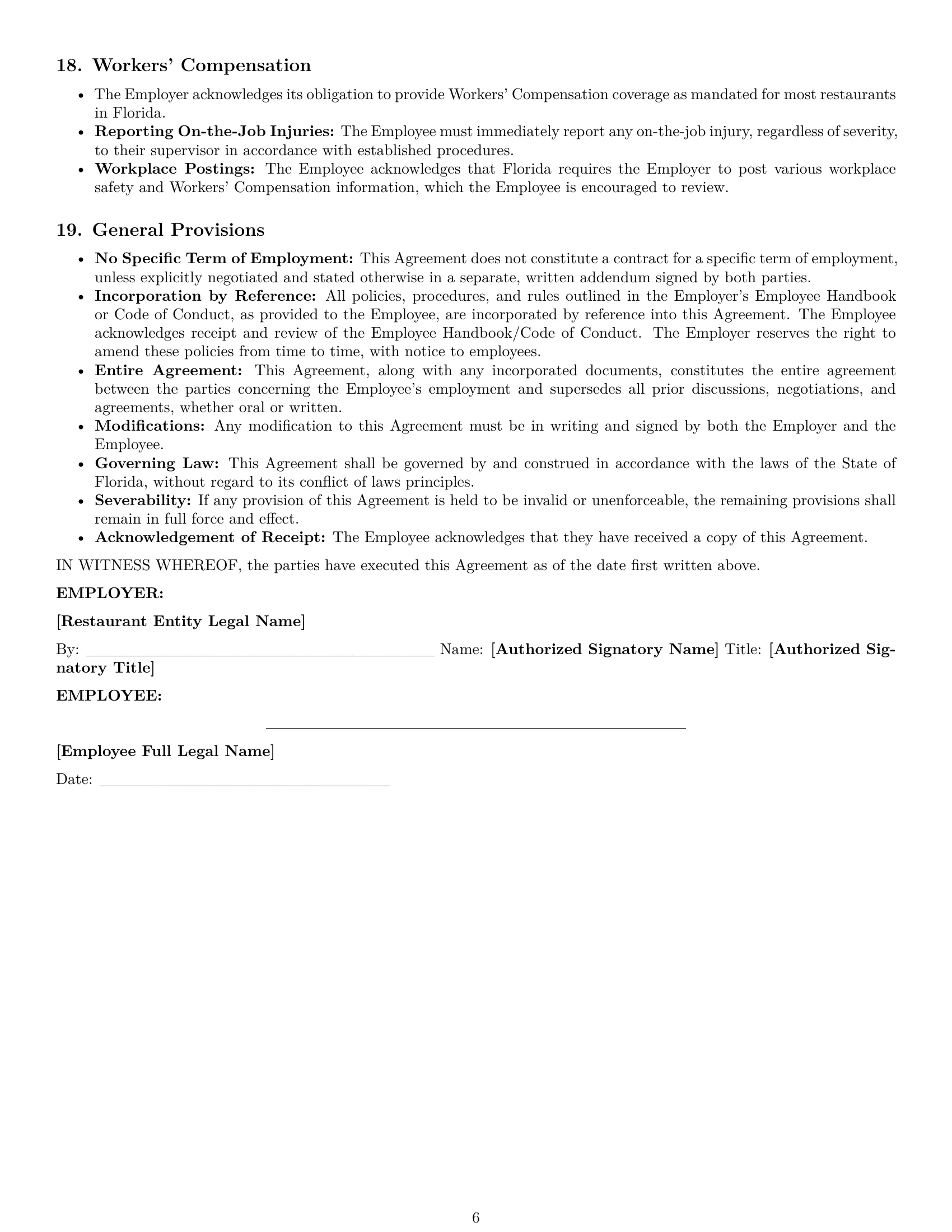 Preview page 6 of Pro Florida restaurant server employment contract template