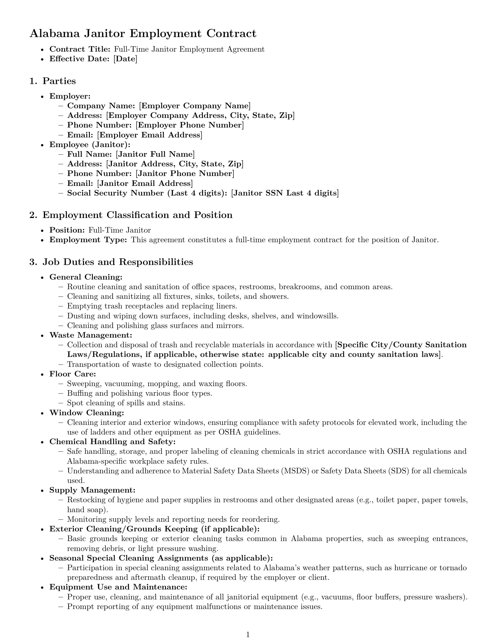 Preview page 1 of Pro Alabama janitor employment contract template