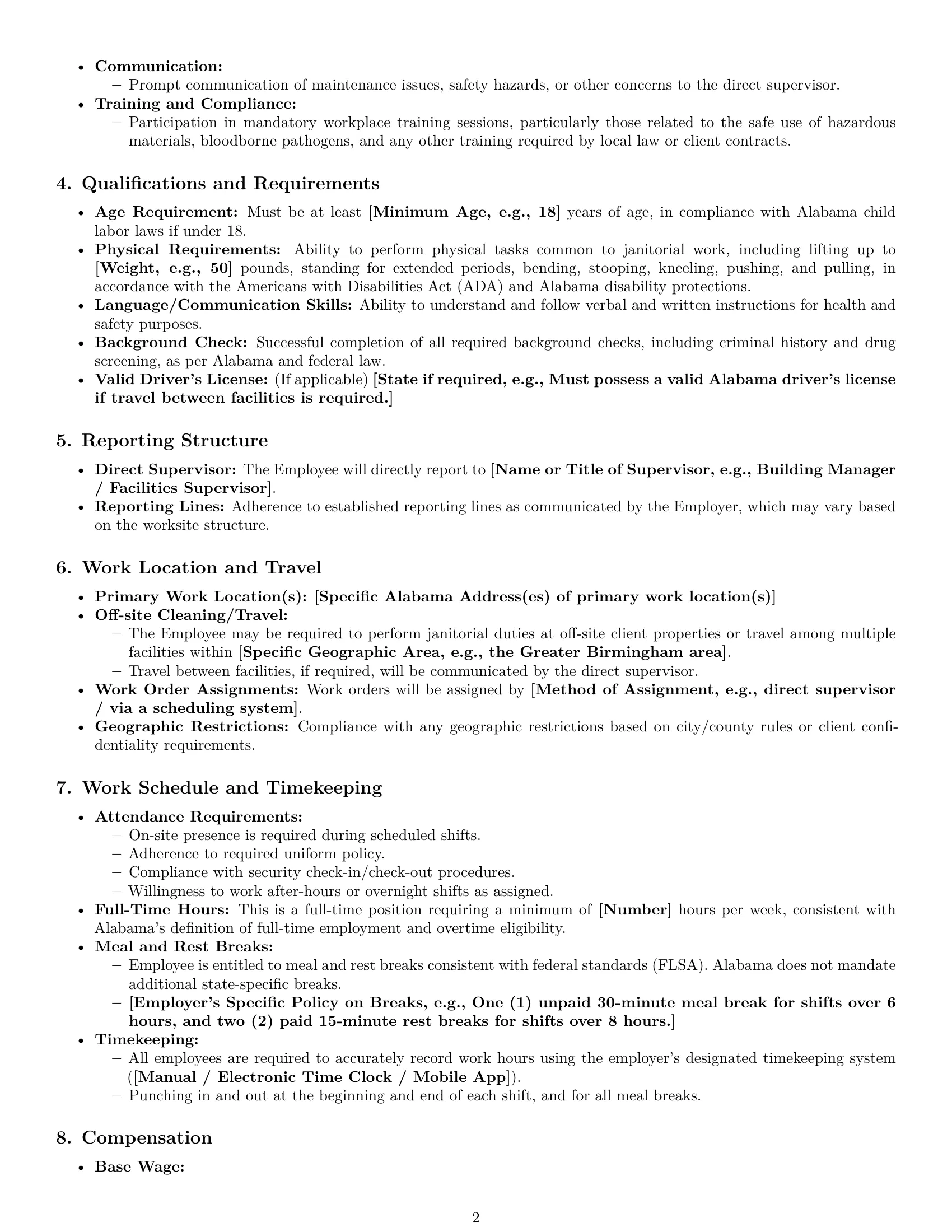 Preview page 2 of Pro Alabama janitor employment contract template