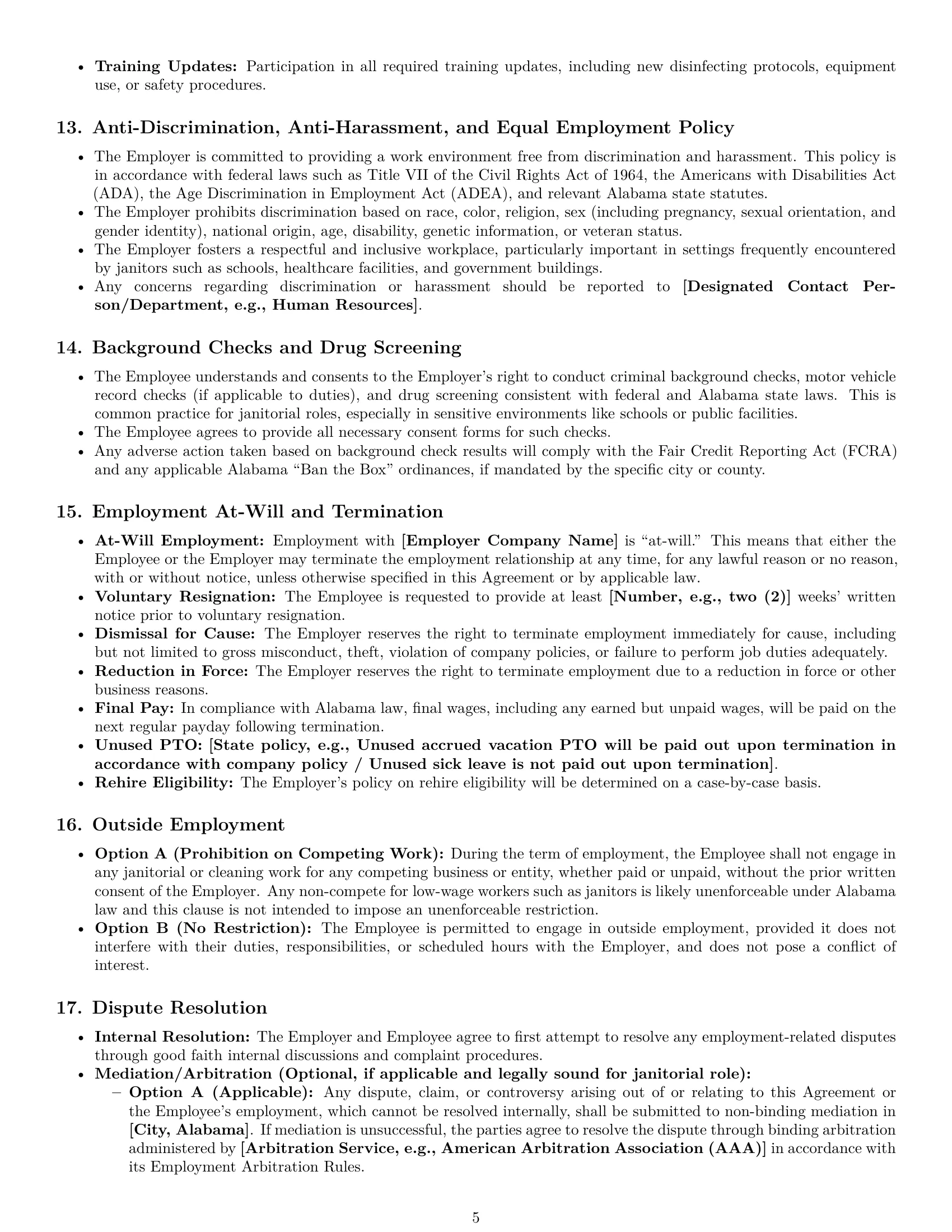 Preview page 5 of Pro Alabama janitor employment contract template