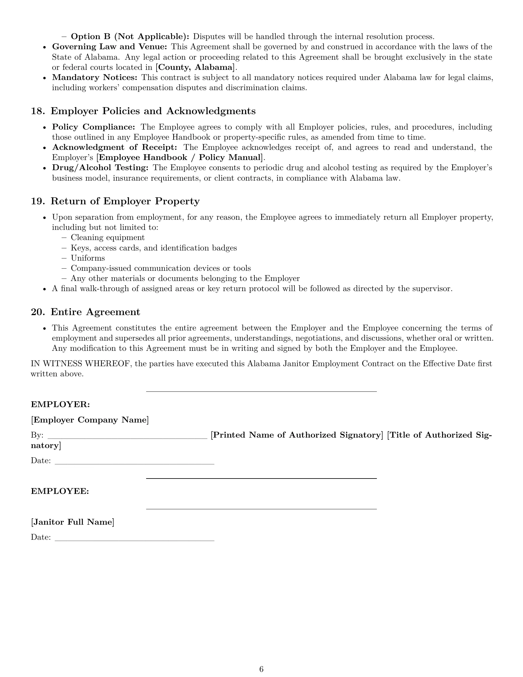 Preview page 6 of Pro Alabama janitor employment contract template
