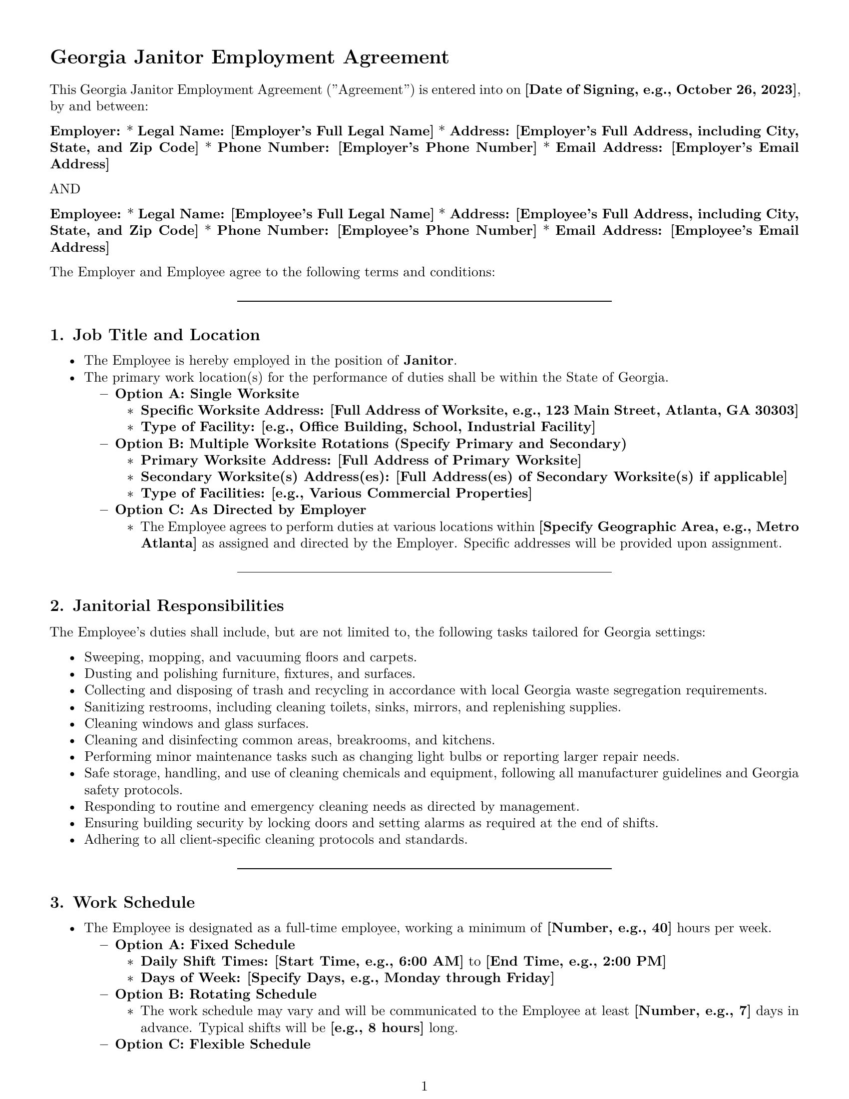 Preview page 1 of Pro Georgia janitor employment contract template