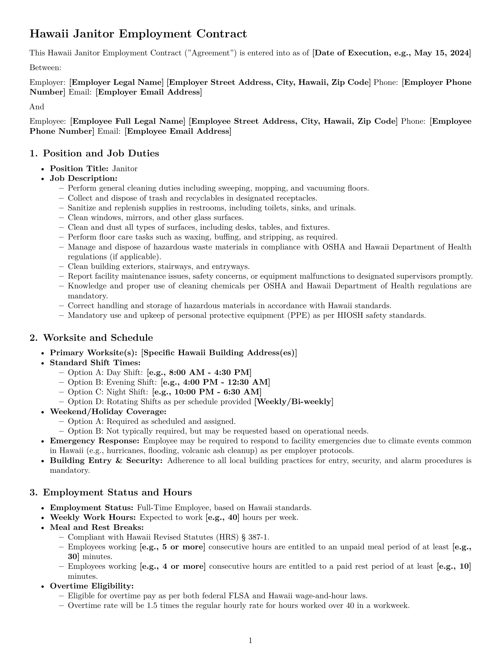Preview page 1 of Pro Hawaii janitor employment contract template