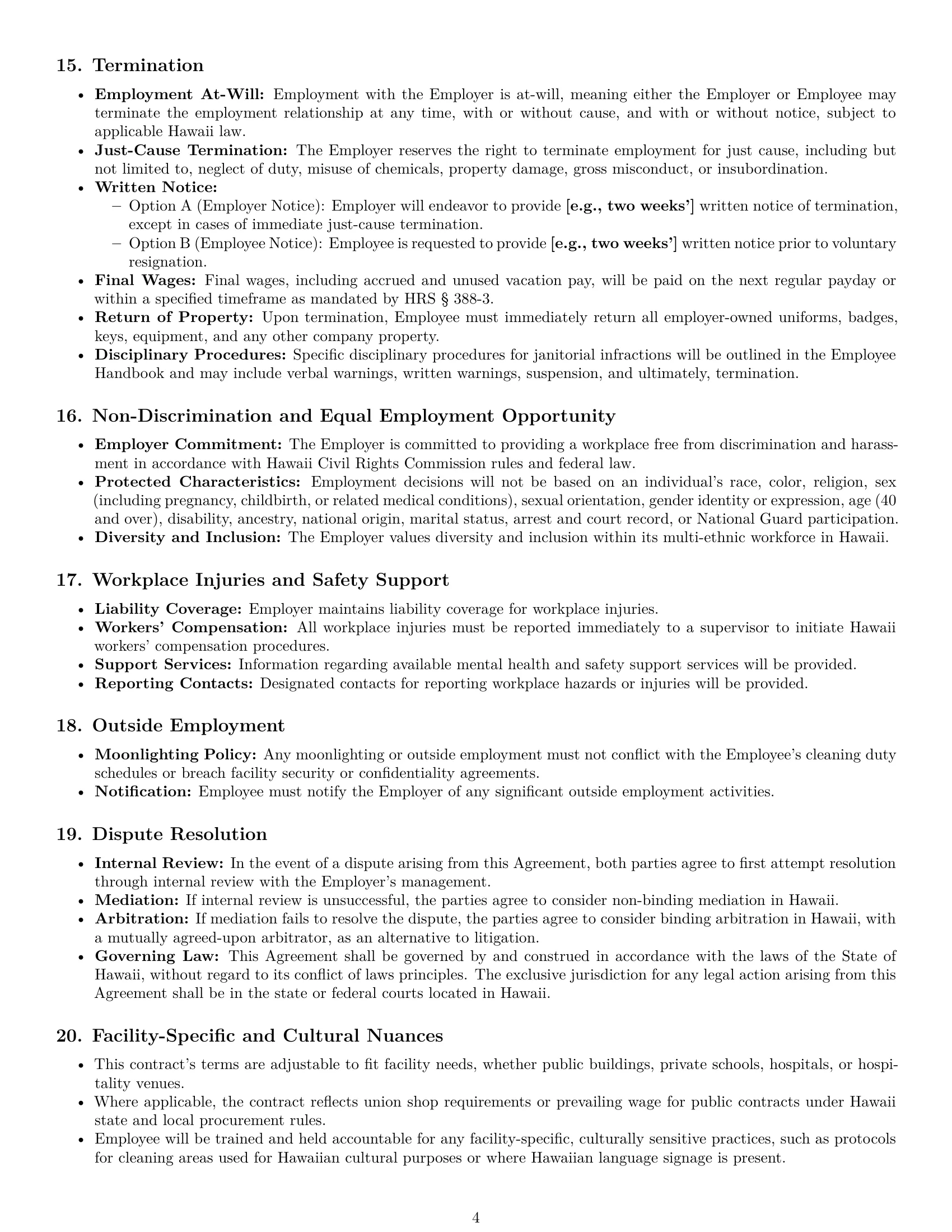 Preview page 4 of Pro Hawaii janitor employment contract template
