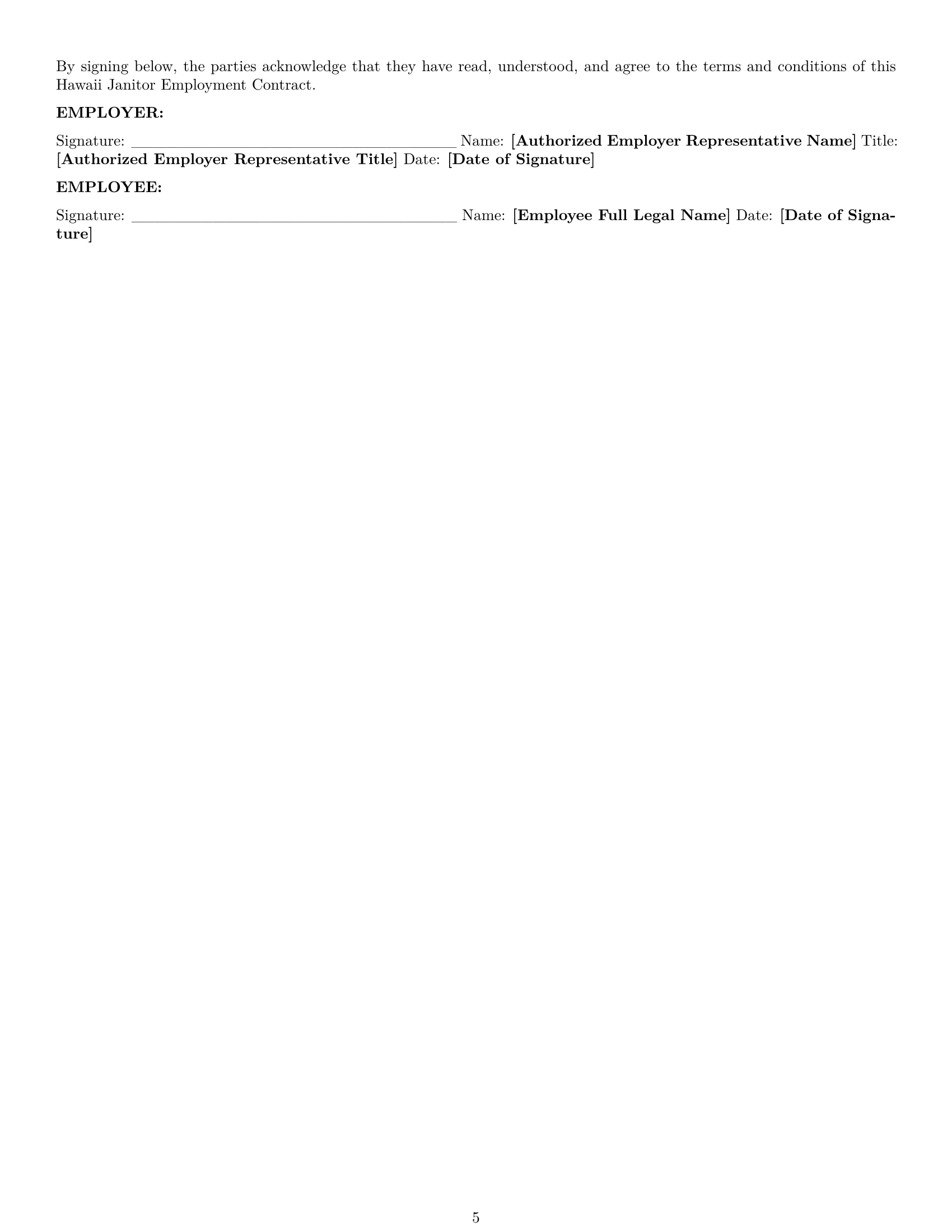 Preview page 5 of Pro Hawaii janitor employment contract template