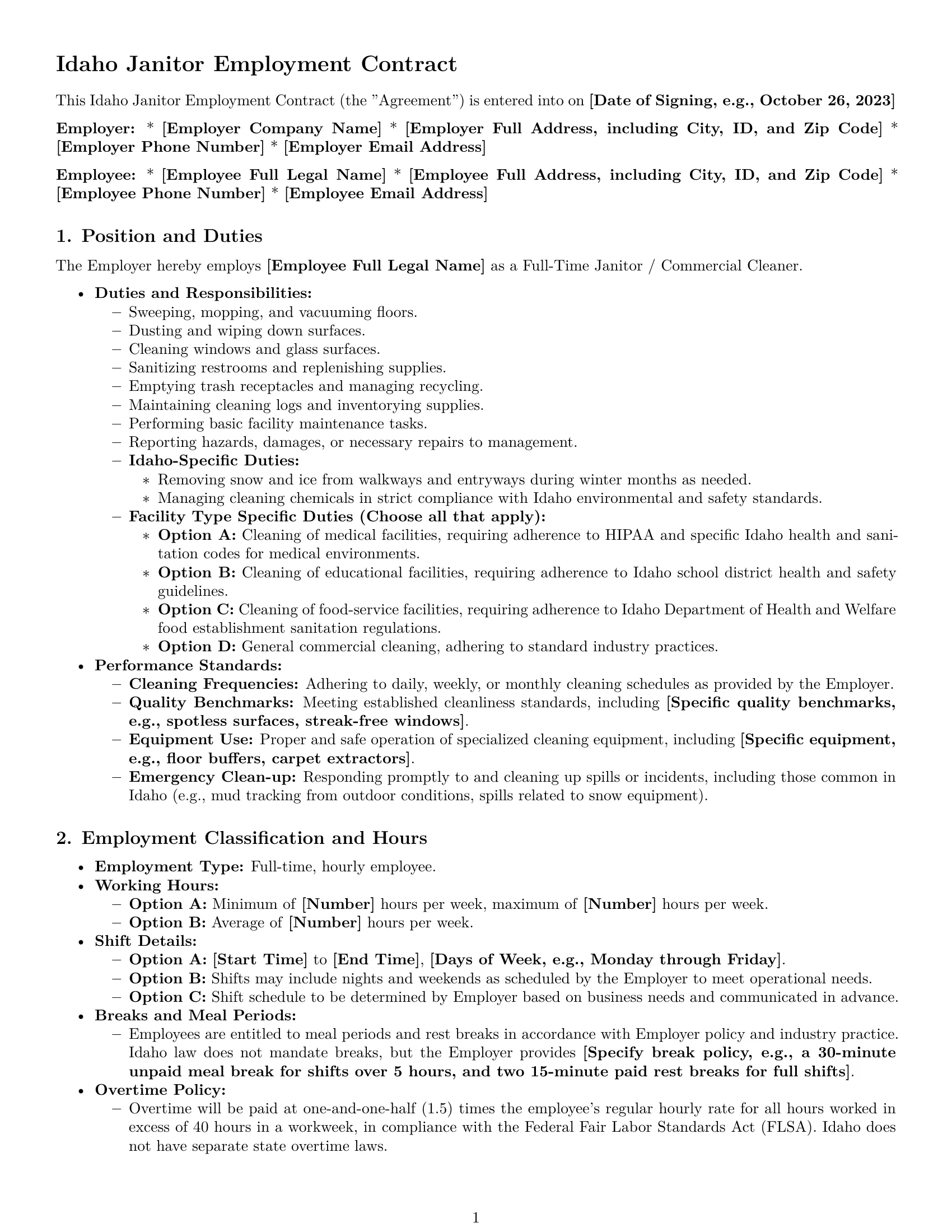 Preview page 1 of Pro Idaho janitor employment contract template