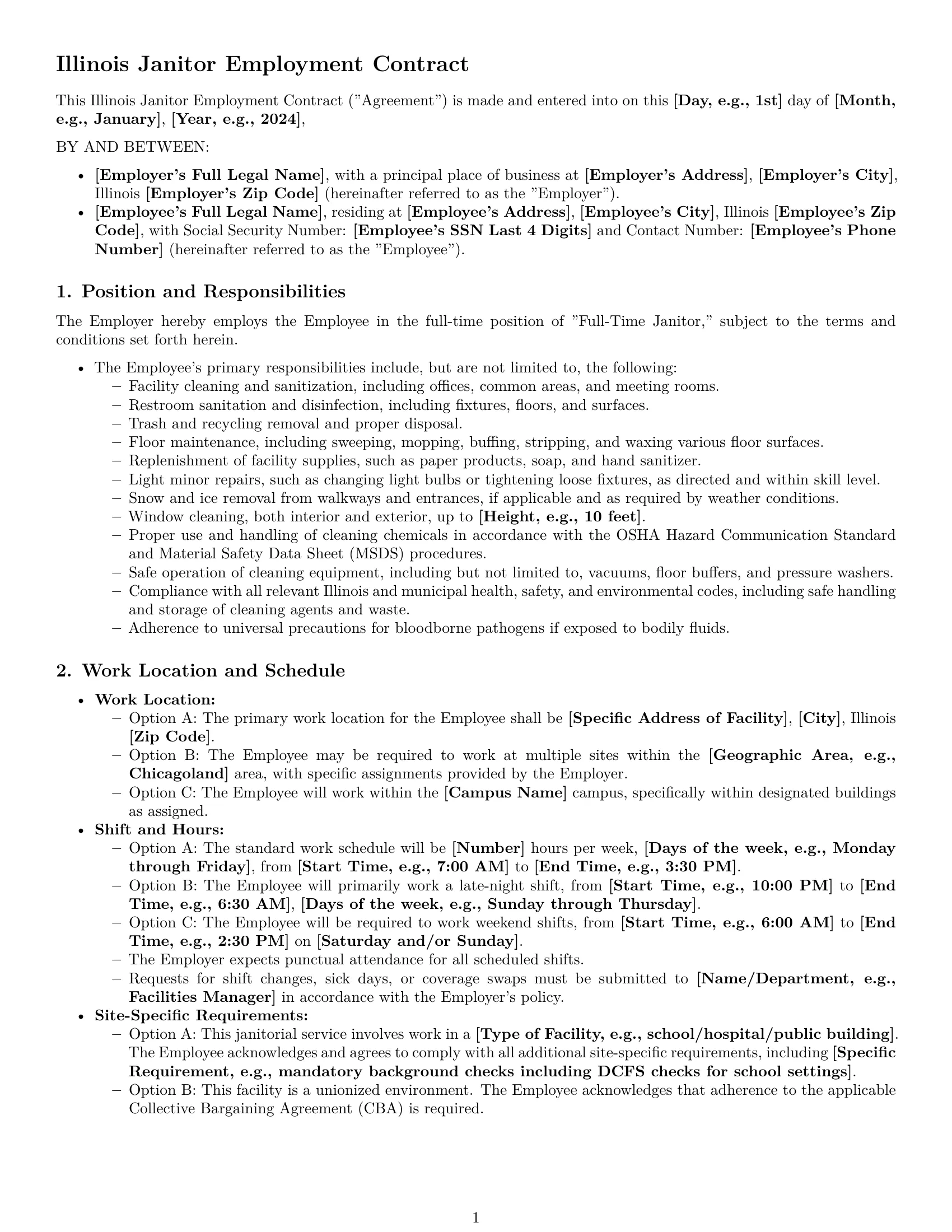 Preview page 1 of Pro Illinois janitor employment contract template