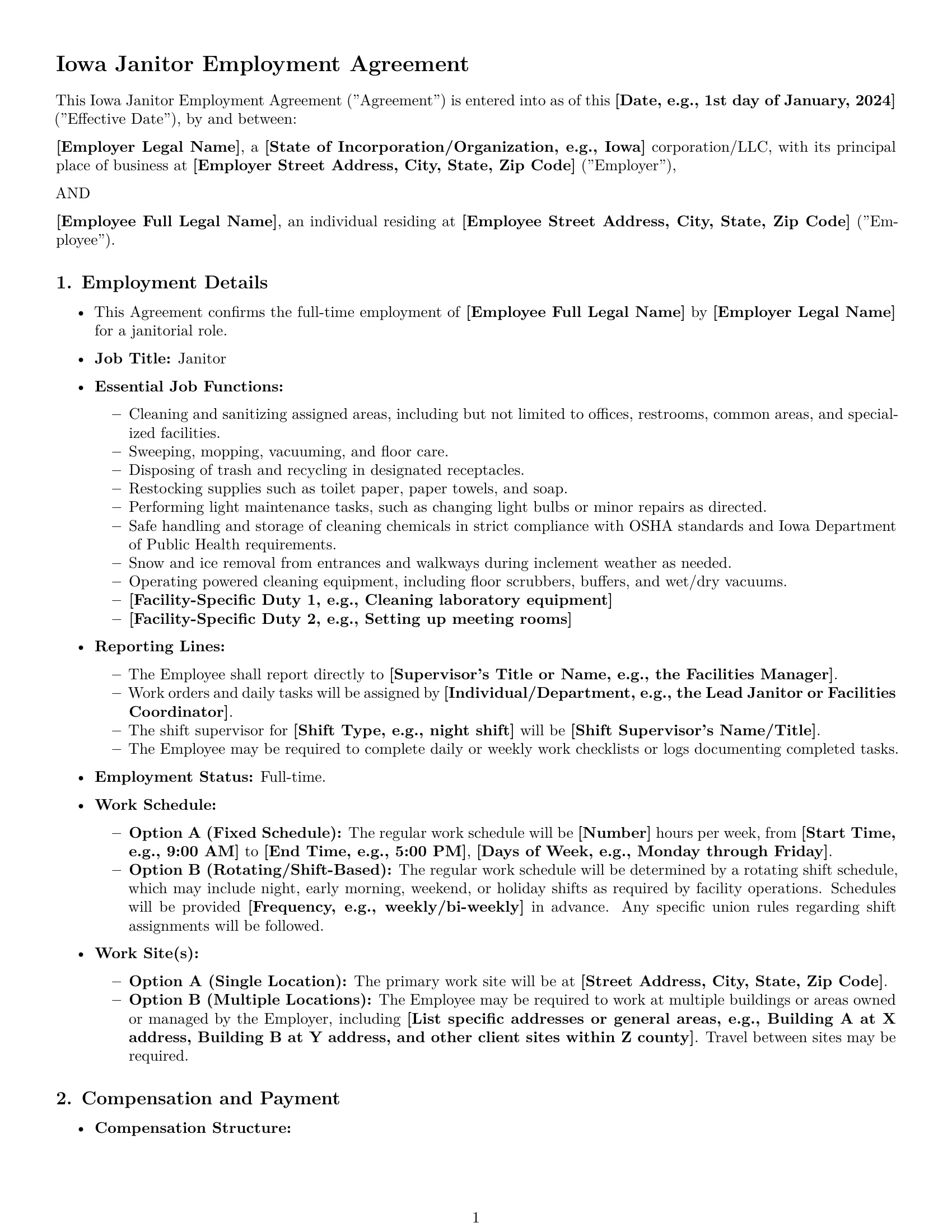 Preview page 1 of Pro Iowa janitor employment contract template
