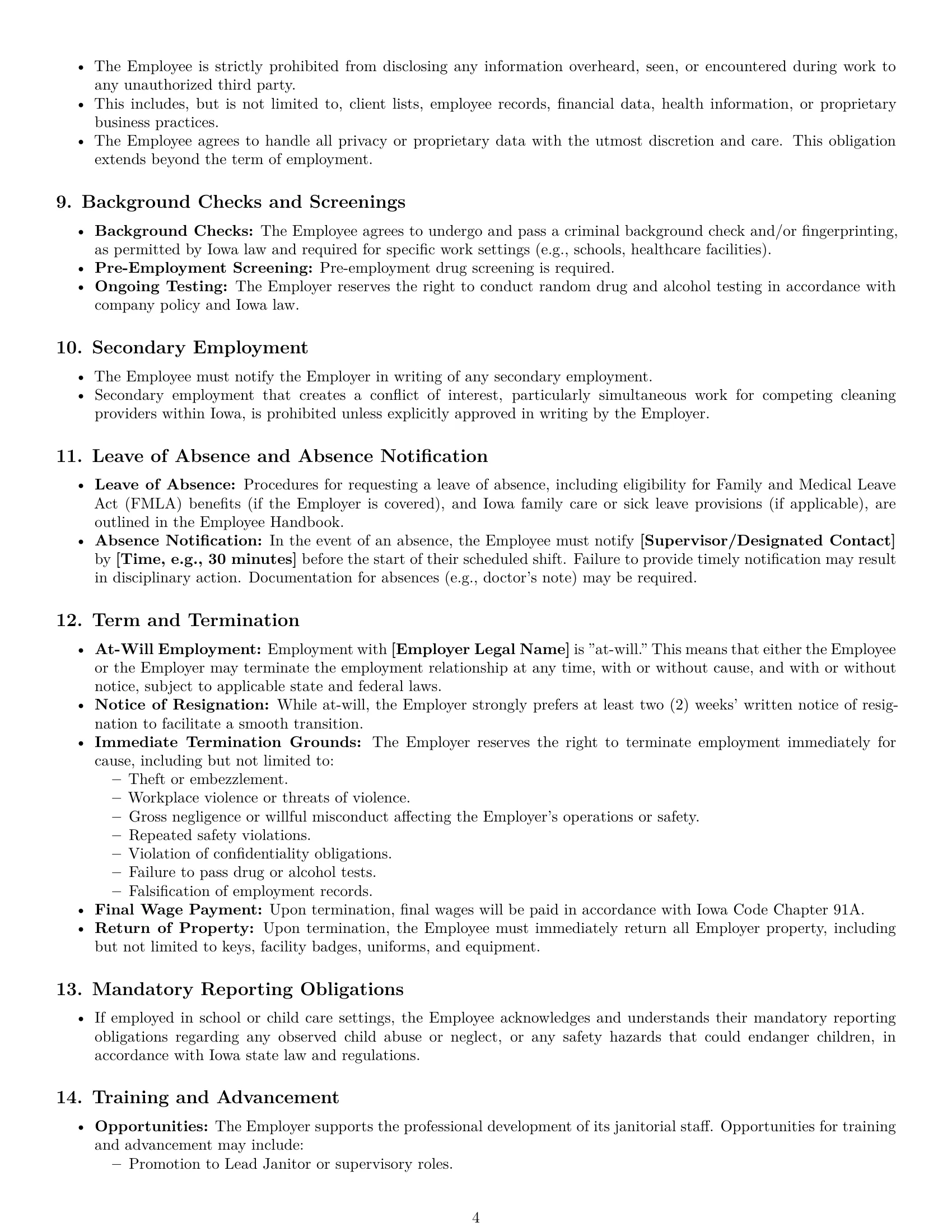 Preview page 4 of Pro Iowa janitor employment contract template