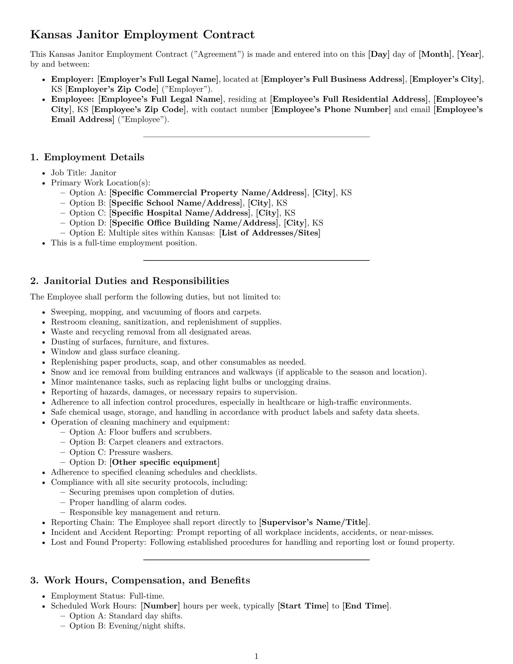 Preview page 1 of Pro Kansas janitor employment contract template