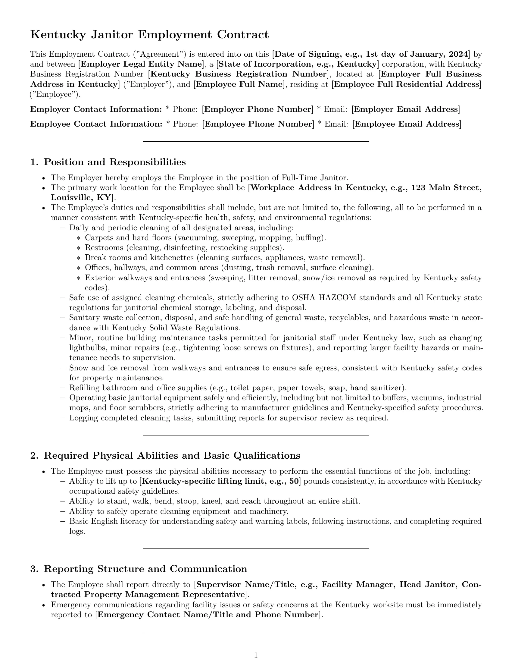 Preview page 1 of Pro Kentucky janitor employment contract template