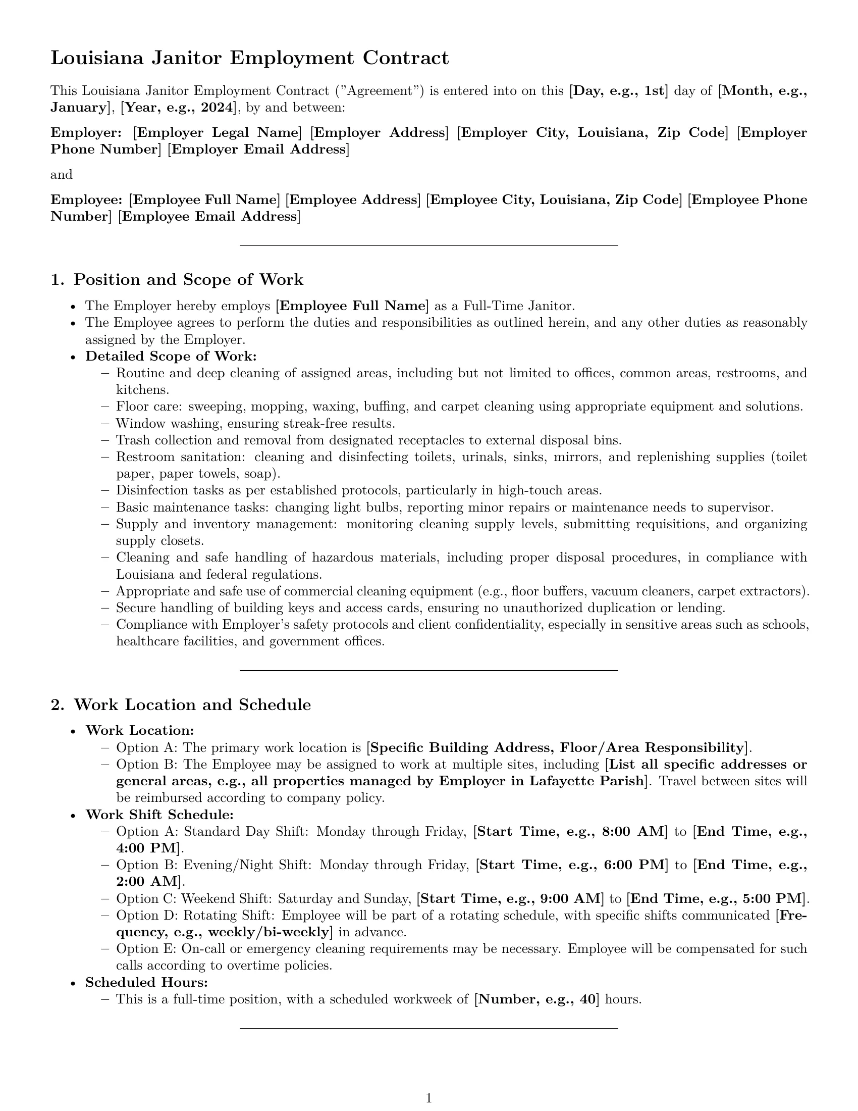 Preview page 1 of Pro Louisiana janitor employment contract template