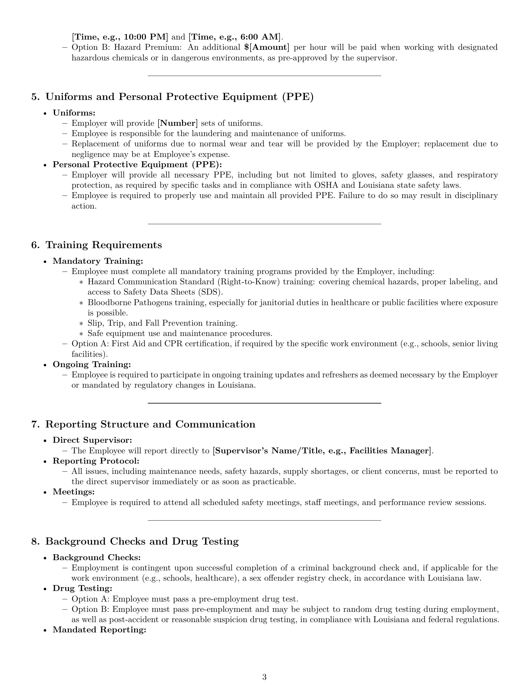 Preview page 3 of Pro Louisiana janitor employment contract template
