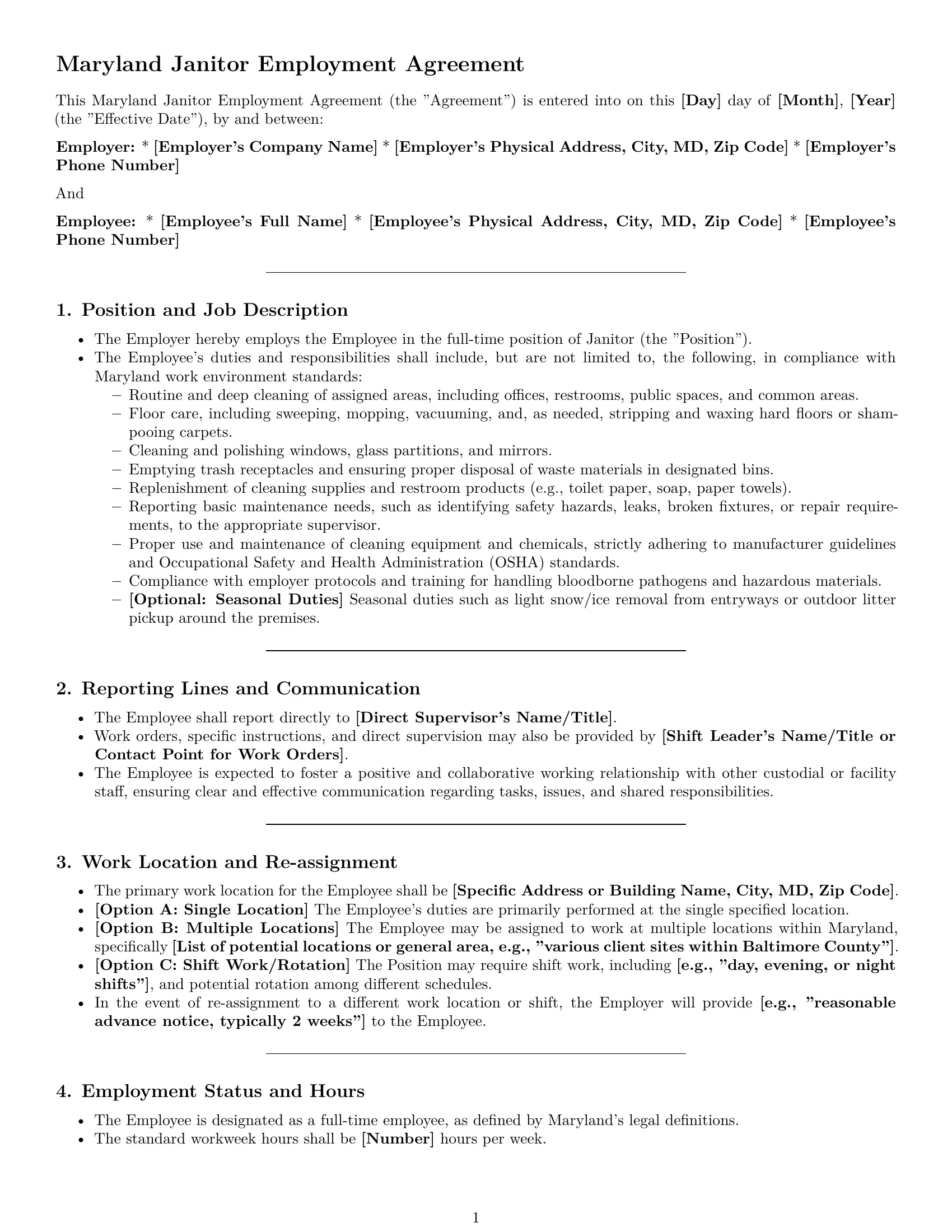 Preview page 1 of Pro Maryland janitor employment contract template