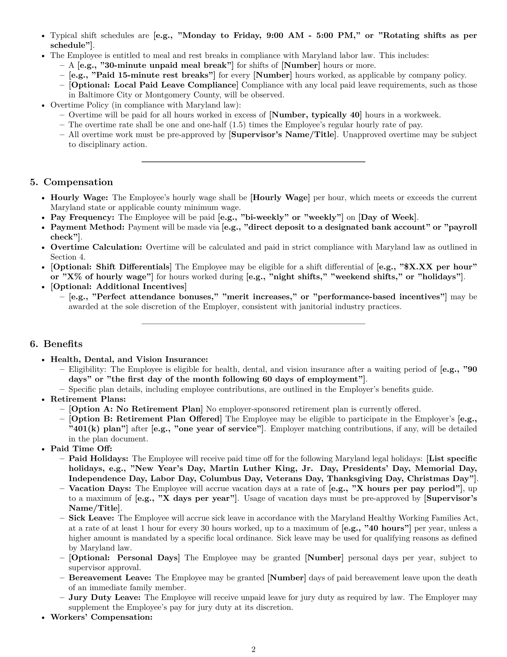 Preview page 2 of Pro Maryland janitor employment contract template