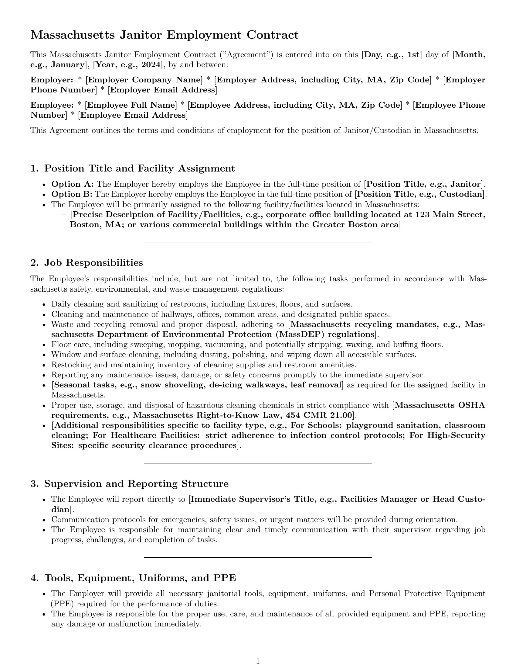 Preview page 1 of Pro Massachusetts janitor employment contract template