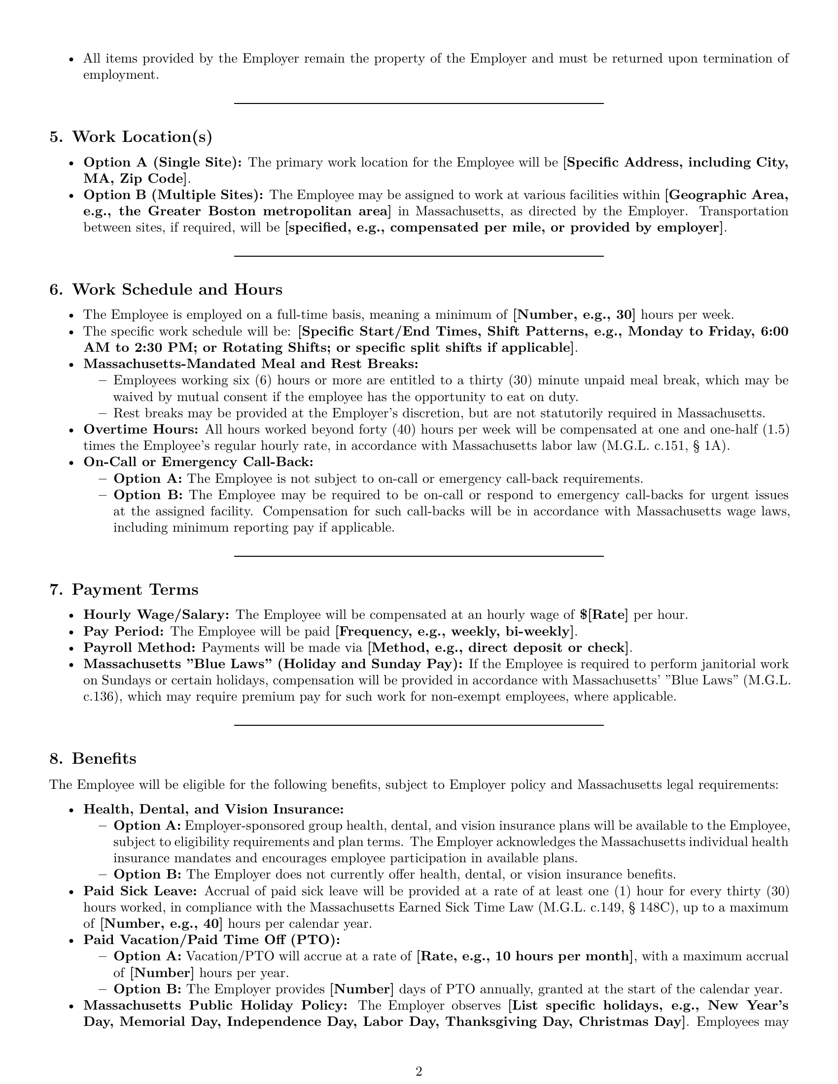 Preview page 2 of Pro Massachusetts janitor employment contract template