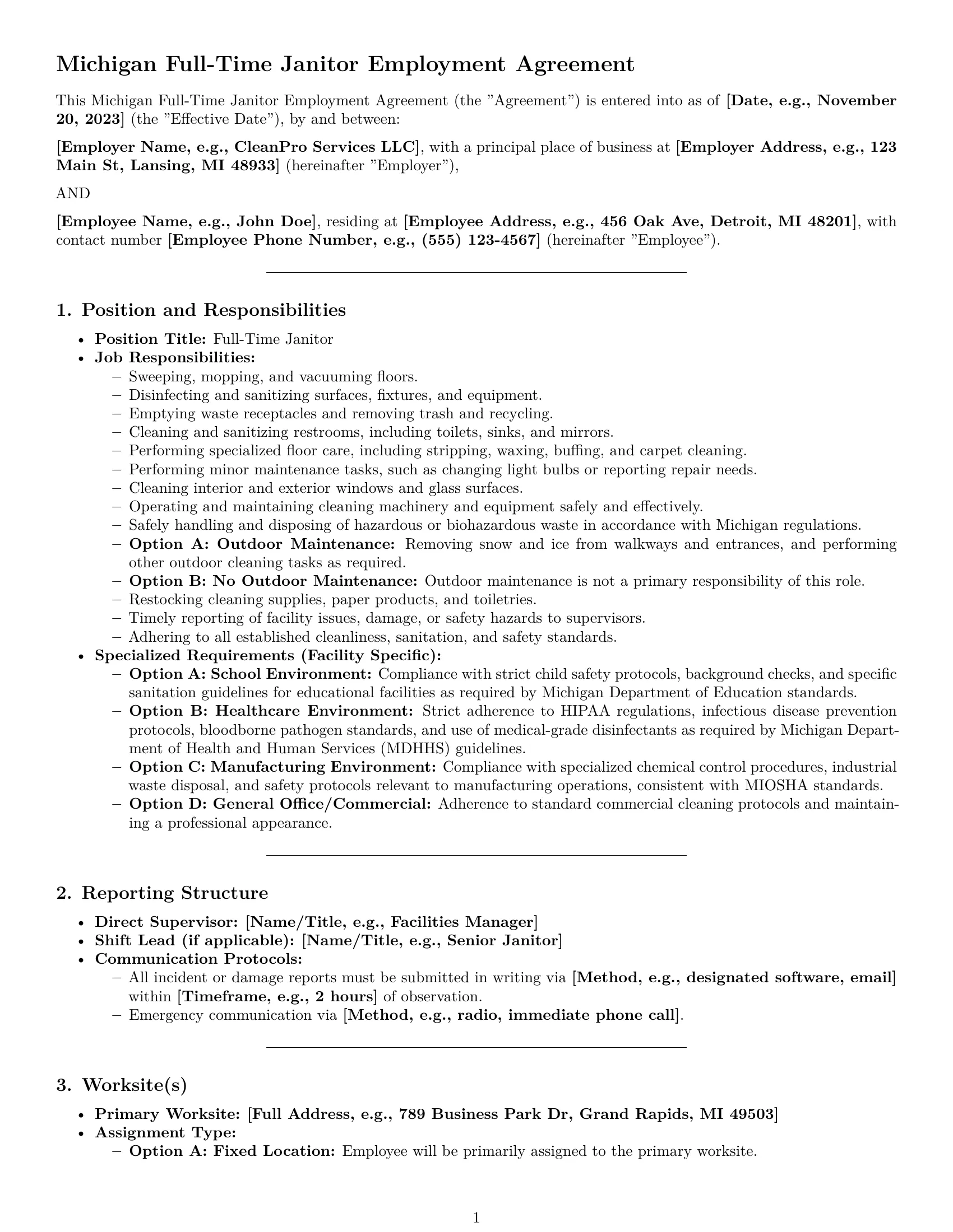 Preview page 1 of Pro Michigan janitor employment contract template