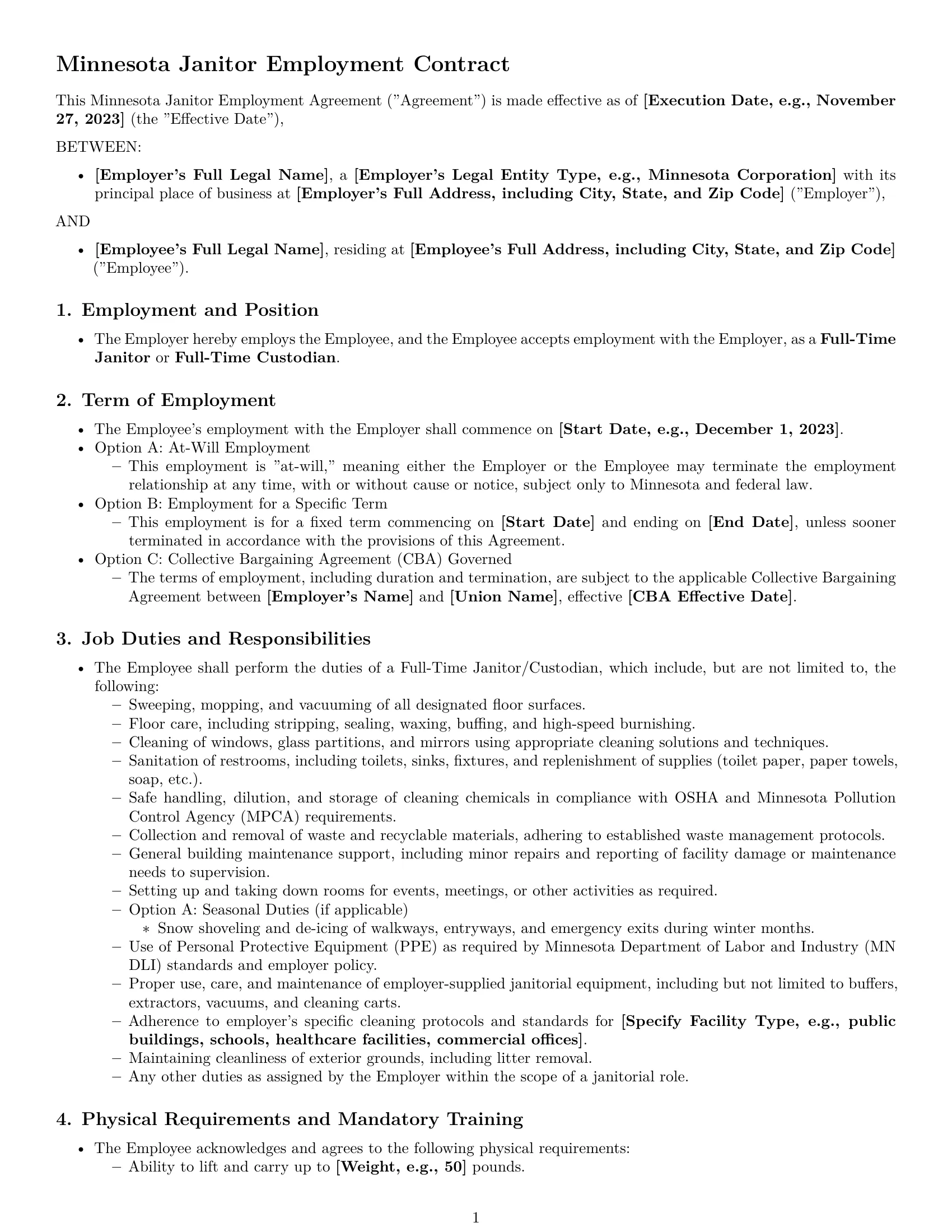Preview page 1 of Pro Minnesota janitor employment contract template