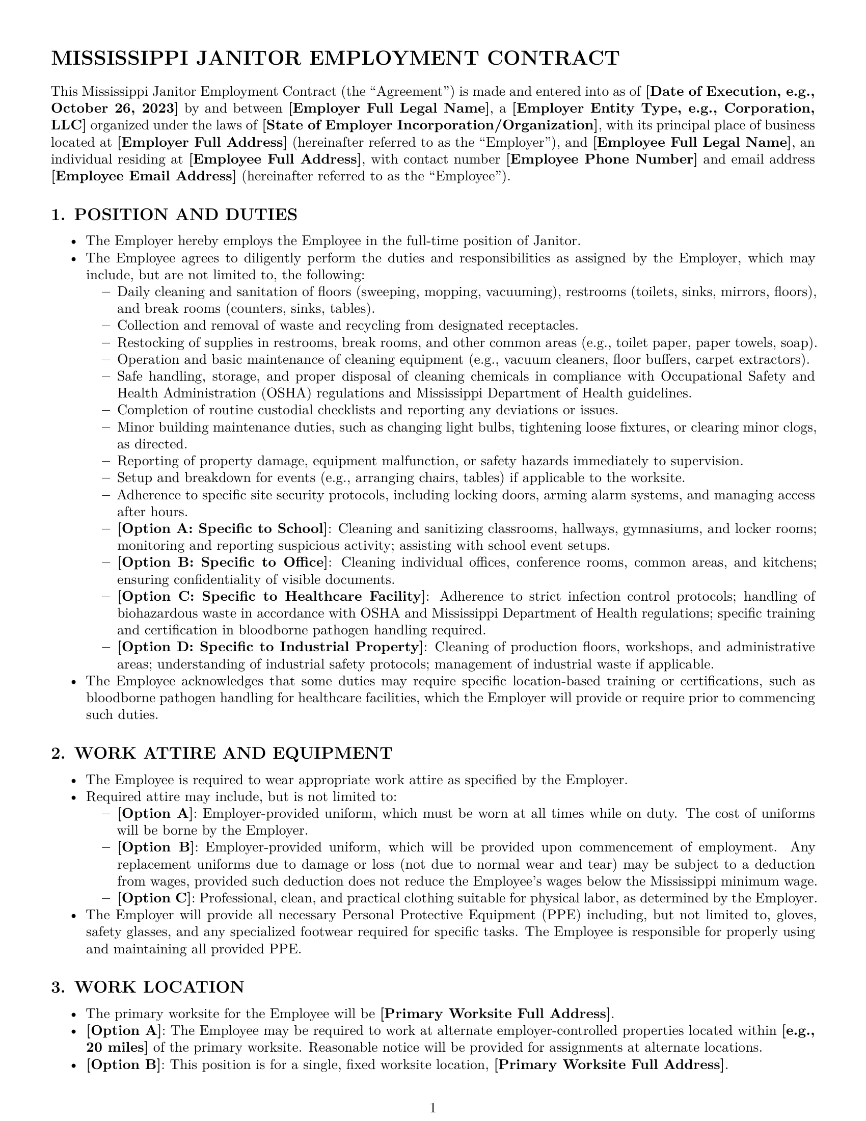 Preview page 1 of Pro Mississippi janitor employment contract template