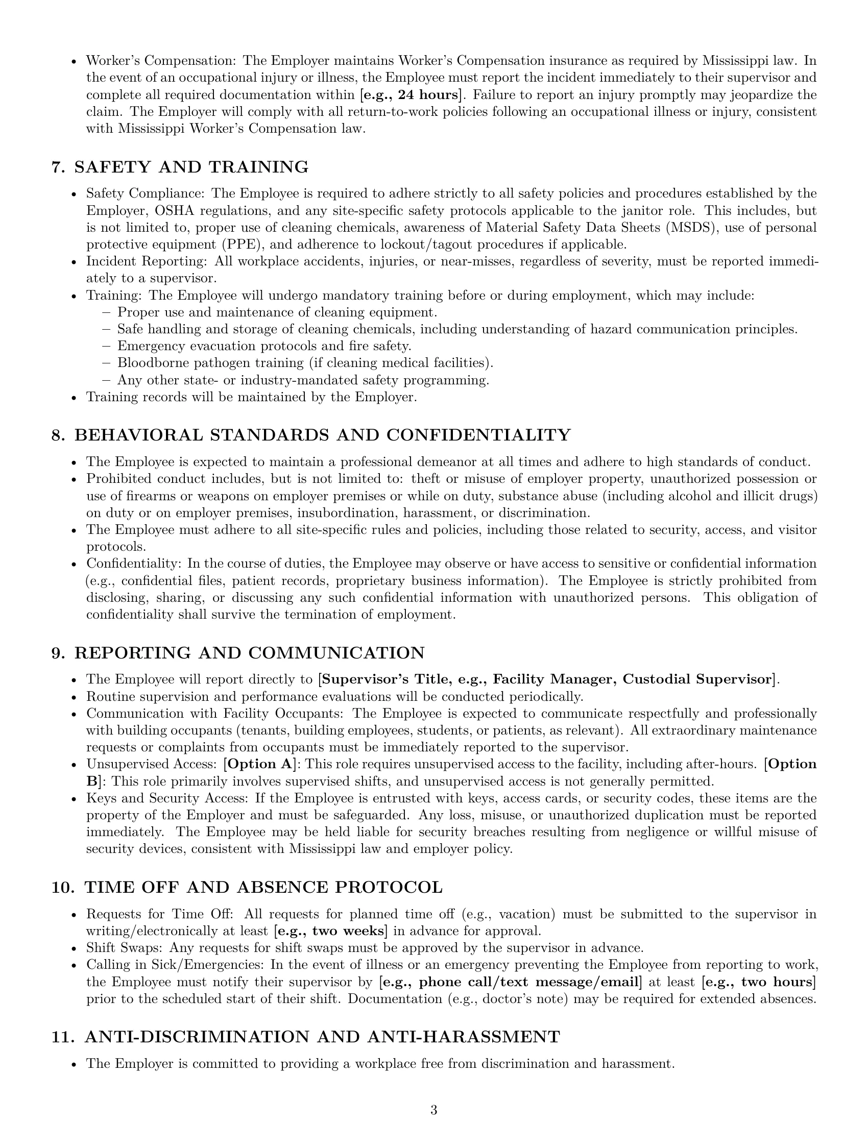 Preview page 3 of Pro Mississippi janitor employment contract template