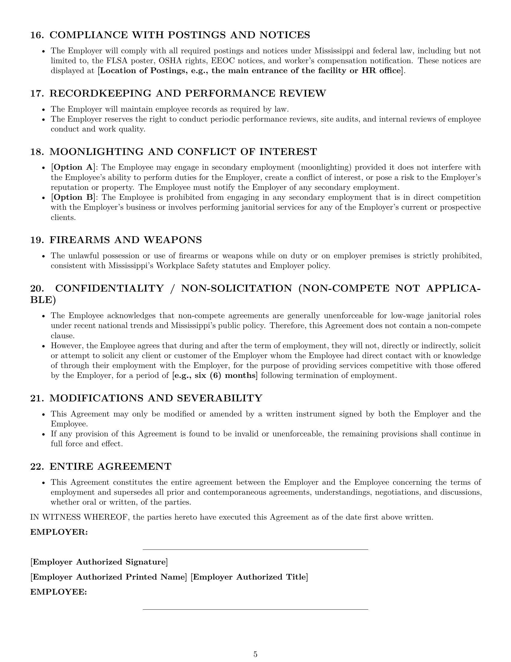 Preview page 5 of Pro Mississippi janitor employment contract template