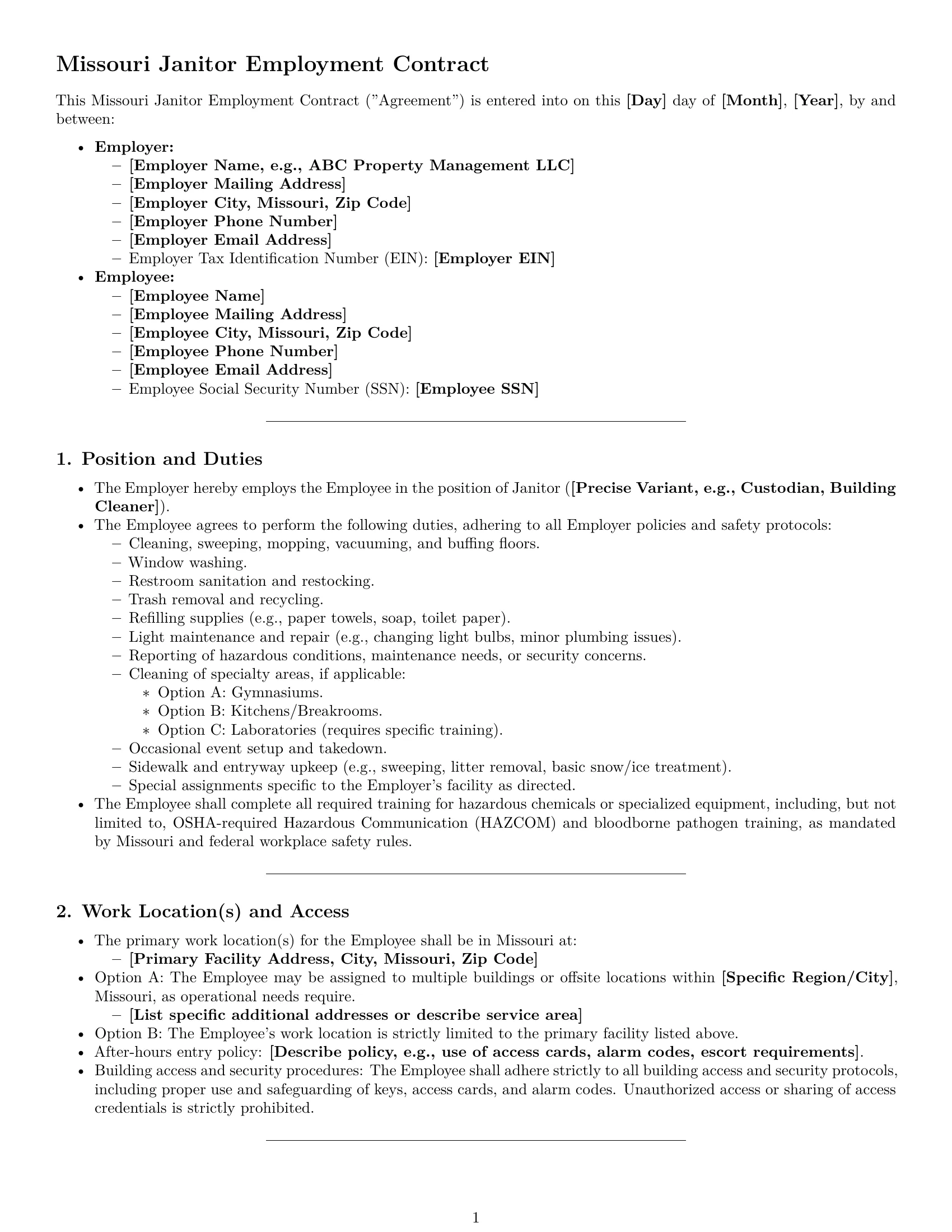 Preview page 1 of Pro Missouri janitor employment contract template