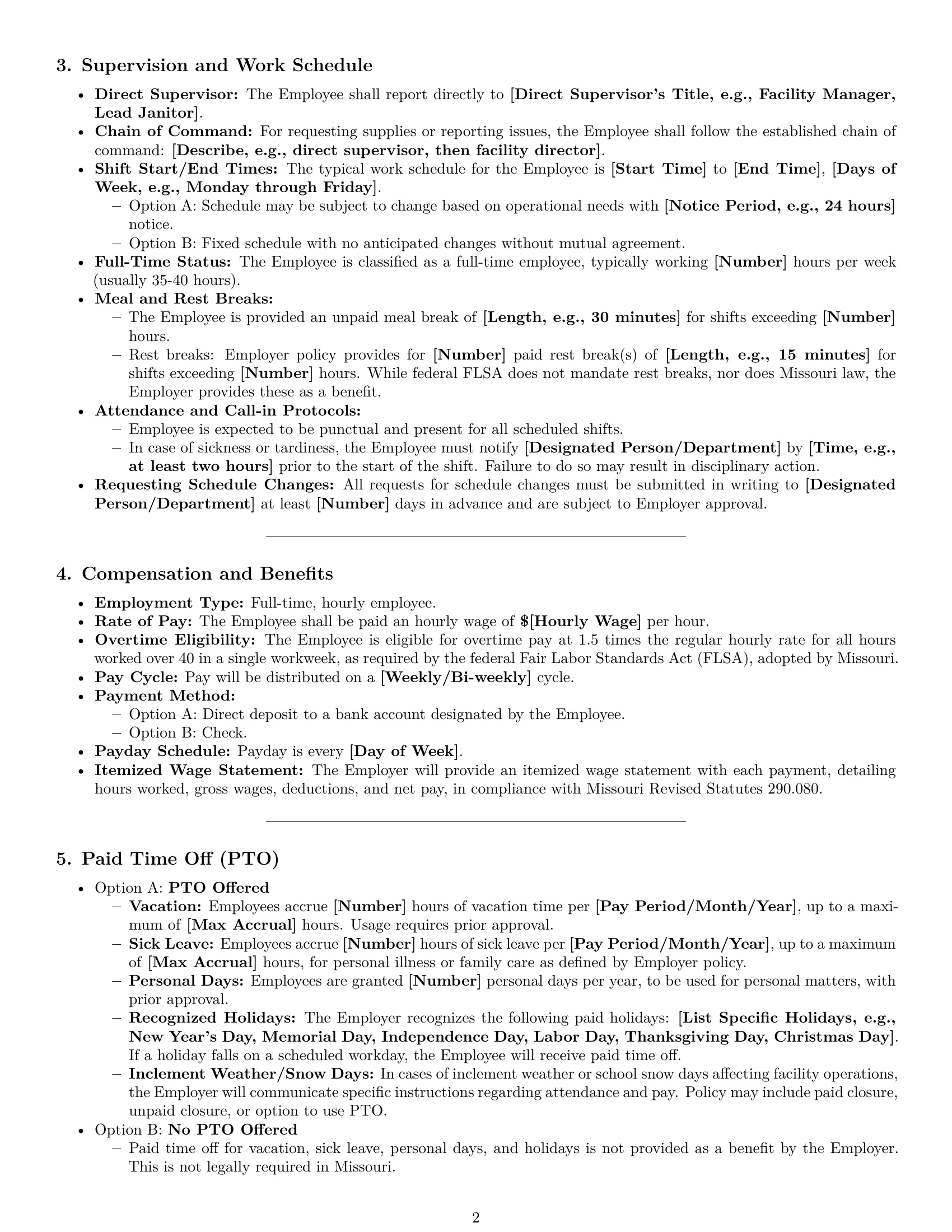Preview page 2 of Pro Missouri janitor employment contract template