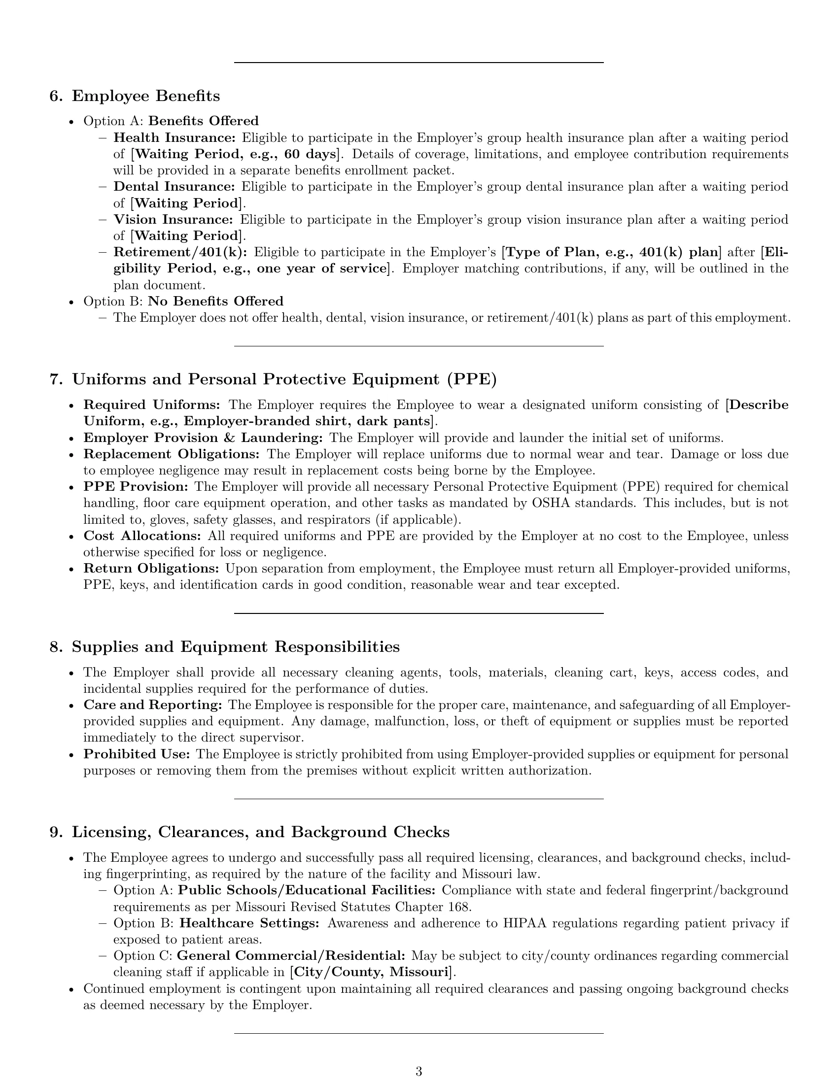 Preview page 3 of Pro Missouri janitor employment contract template