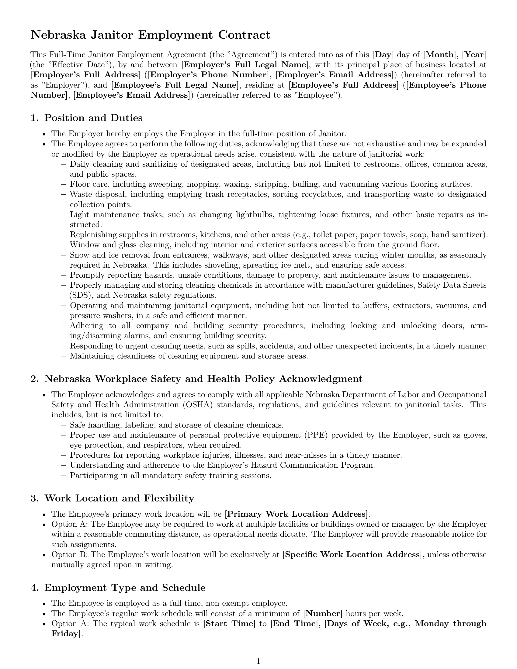 Preview page 1 of Pro Nebraska janitor employment contract template